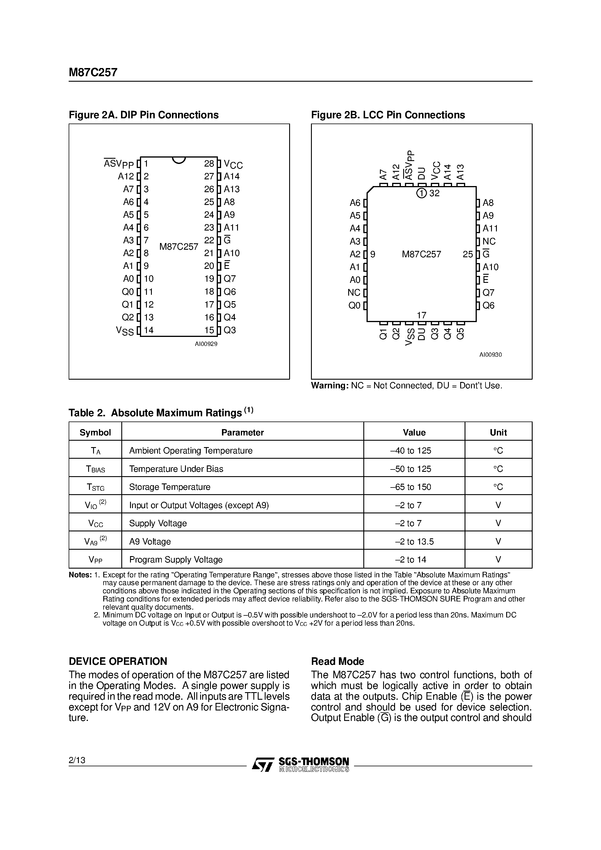 Datasheet M87C257 - ADDRESS LATCHED 256K 32K x 8 UV EPROM and OTP EPROM page 2