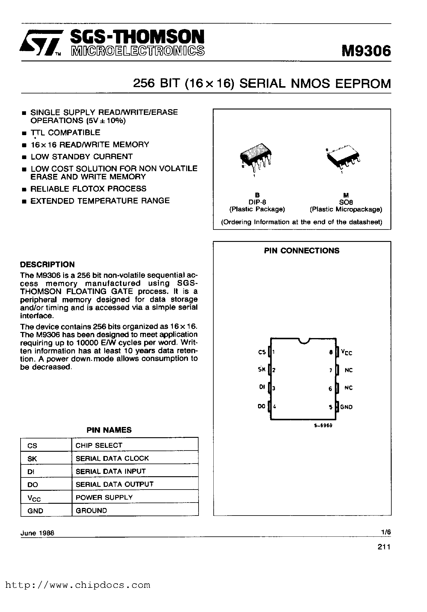 Datasheet M9306 page 1 Datasheet M9306 - 256BIT (16X16) SERIAL NMOS EEPROM page 1