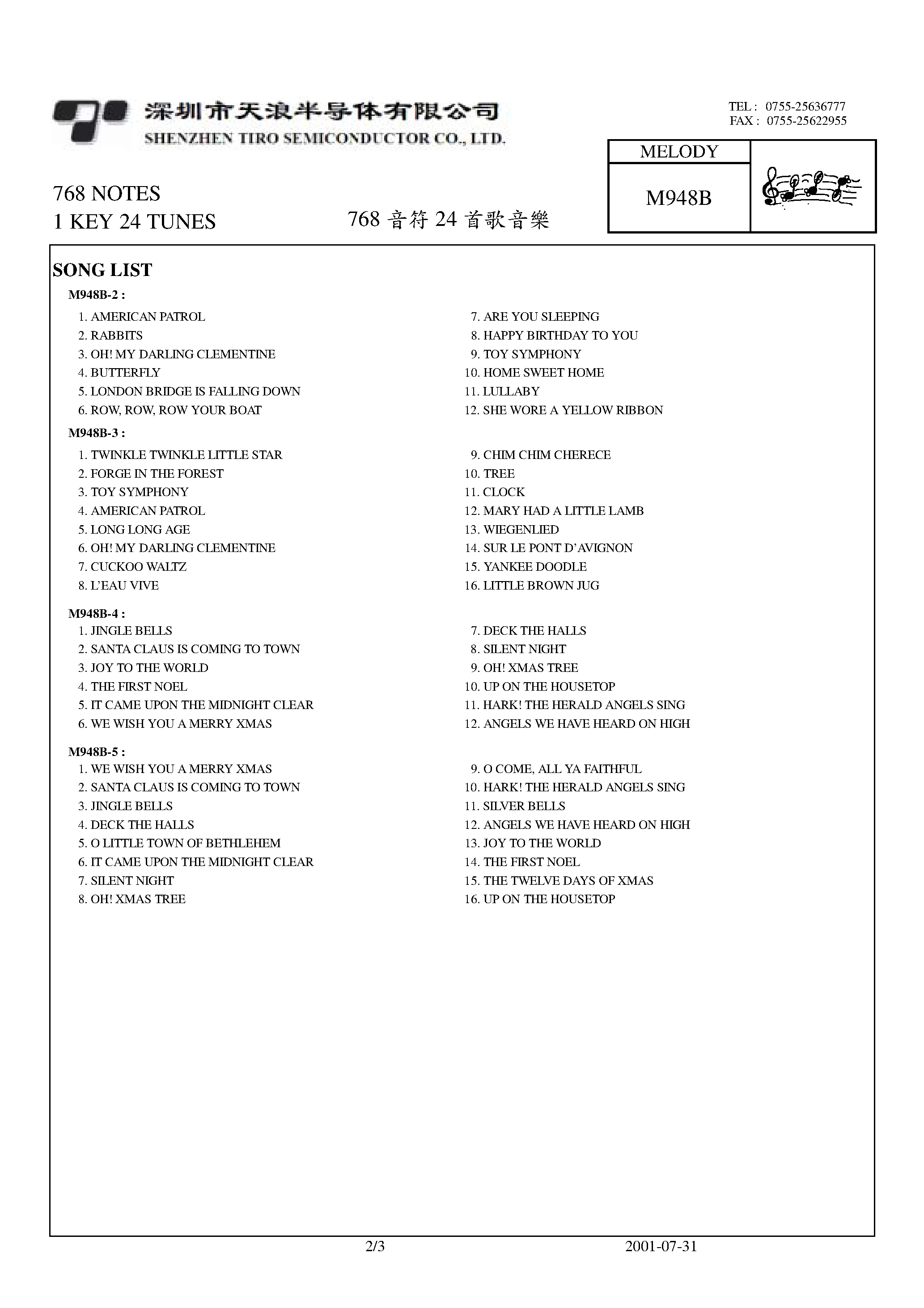 Datasheet M948B - 768 NOTES 1 KEY 24 TUNES page 2