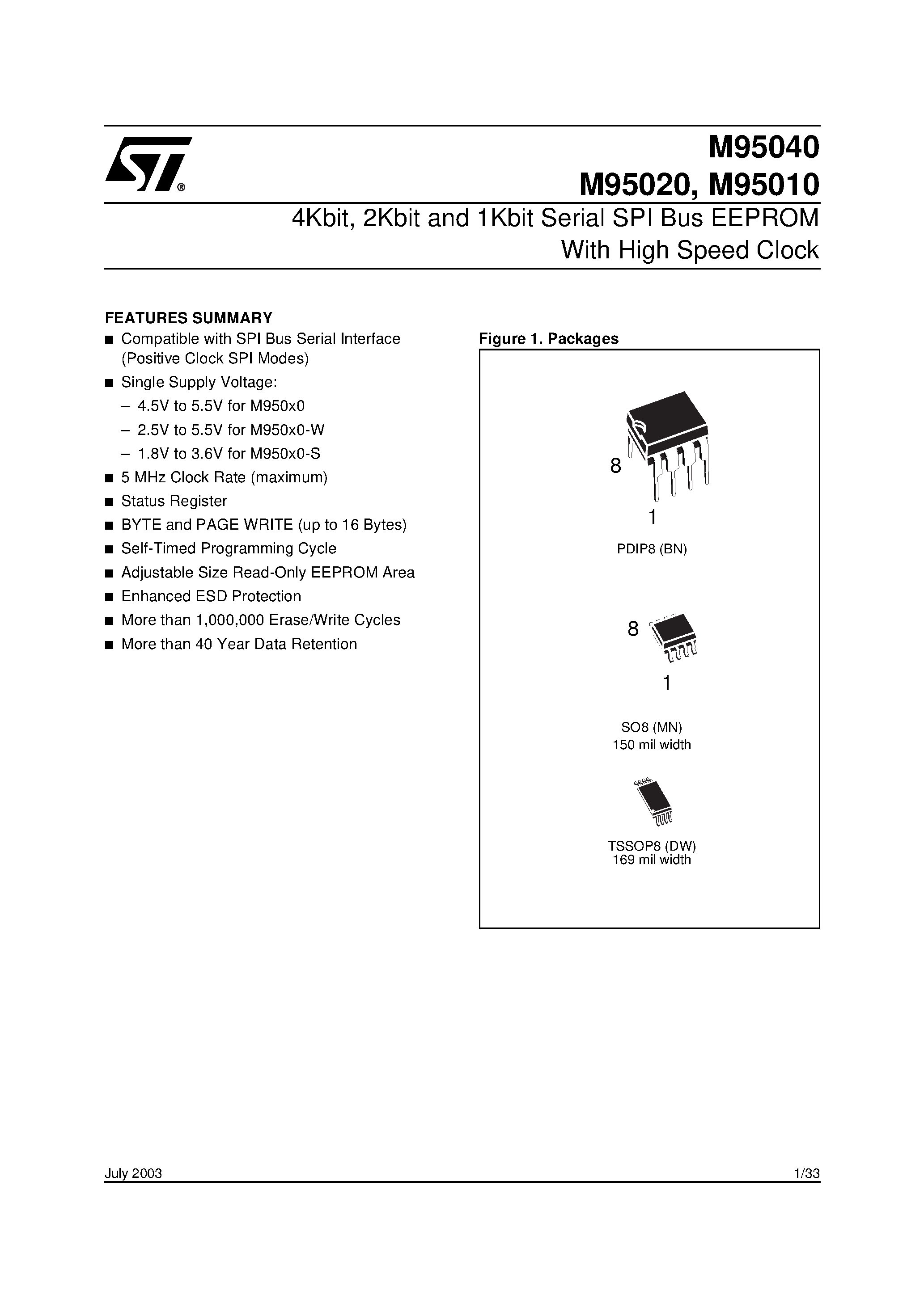 Datasheet M95020 - 4Kbit / 2Kbit and 1Kbit Serial SPI Bus EEPROM With High Speed Clock page 1