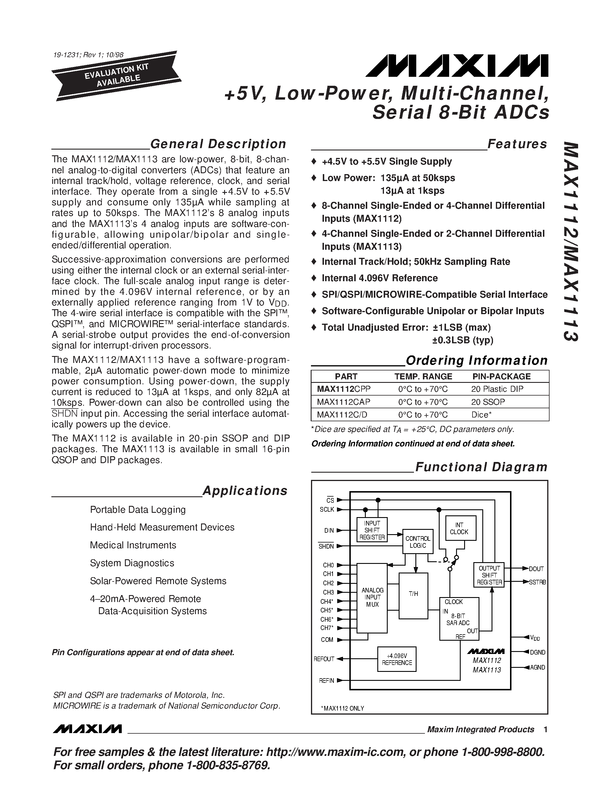 Даташит на микросхему MAX1113 страница 1 Даташит MAX1113 - +5V / Low-Power / Multi-Channel / Serial 8-Bit ADCs страница 1