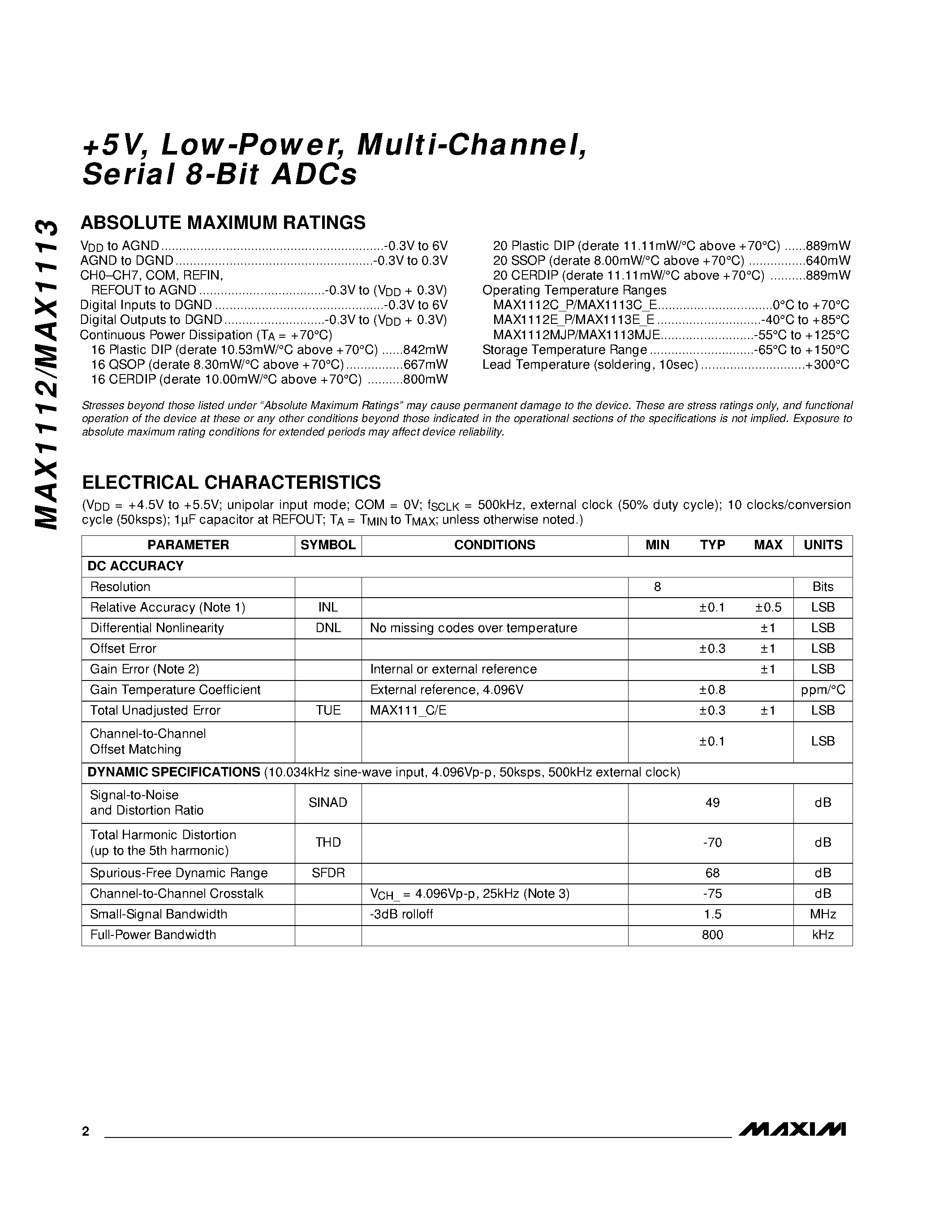 Даташит на микросхему MAX1113 страница 2 Даташит MAX1113 - +5V / Low-Power / Multi-Channel / Serial 8-Bit ADCs страница 2
