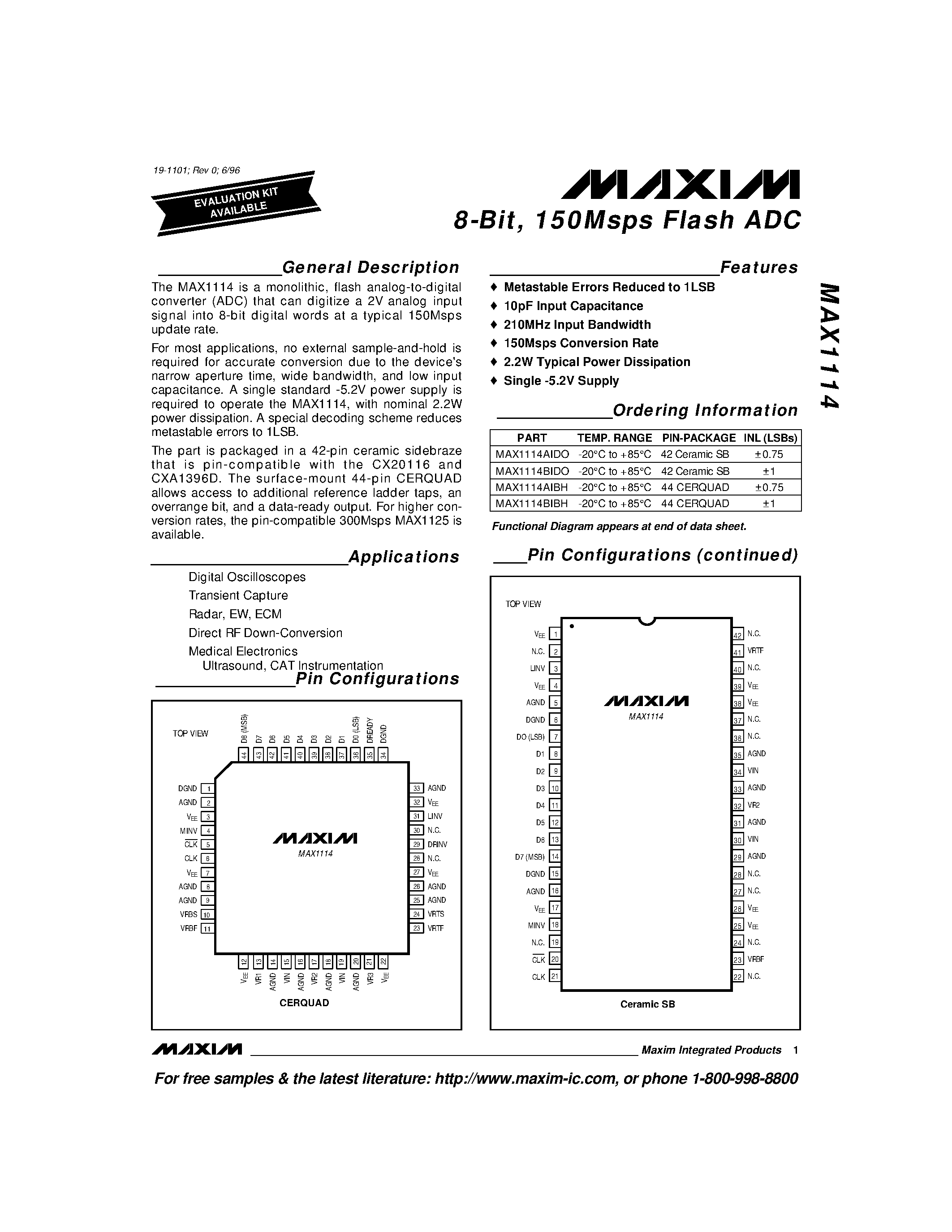 Datasheet MAX1114 - 8-Bit / 150Msps Flash ADC page 1