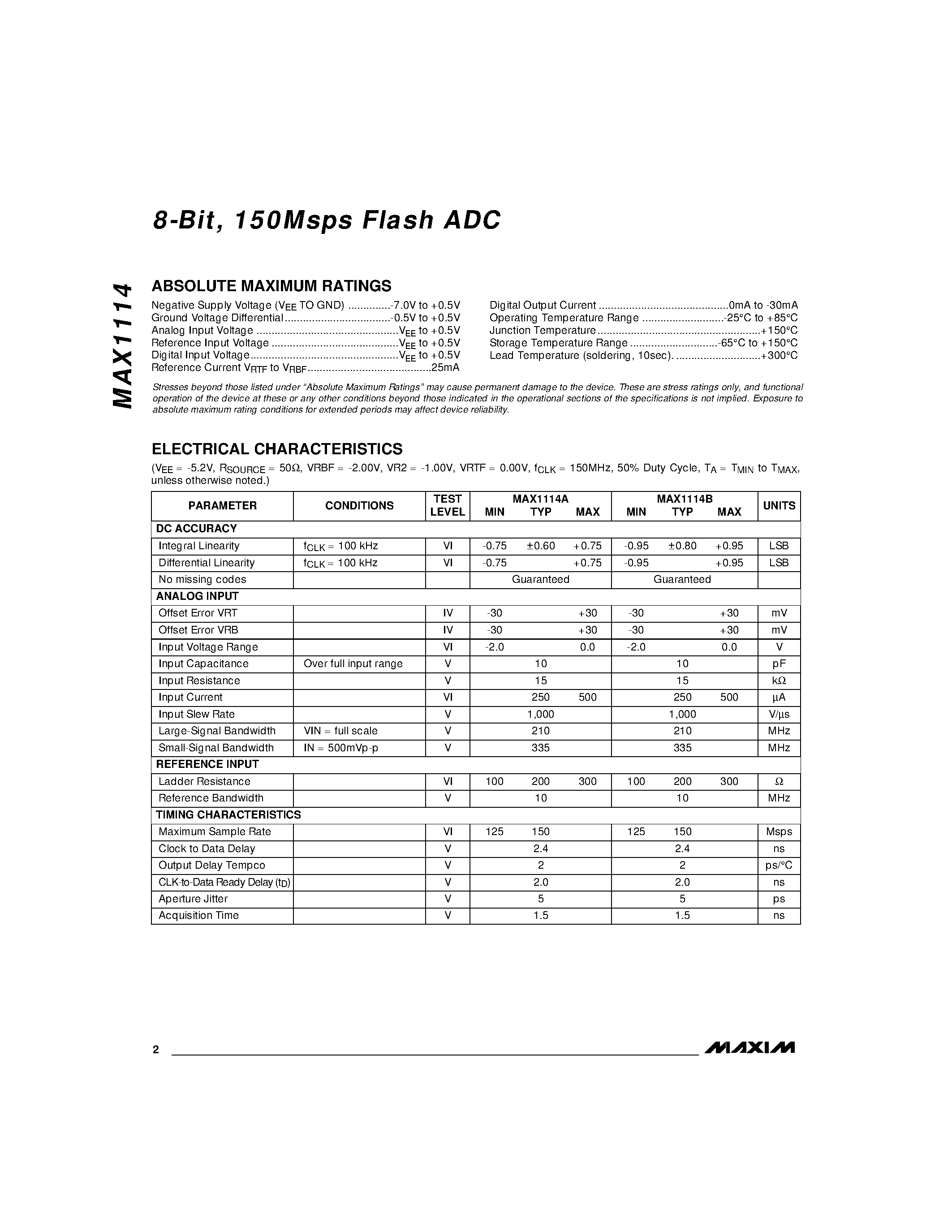 Datasheet MAX1114 - 8-Bit / 150Msps Flash ADC page 2