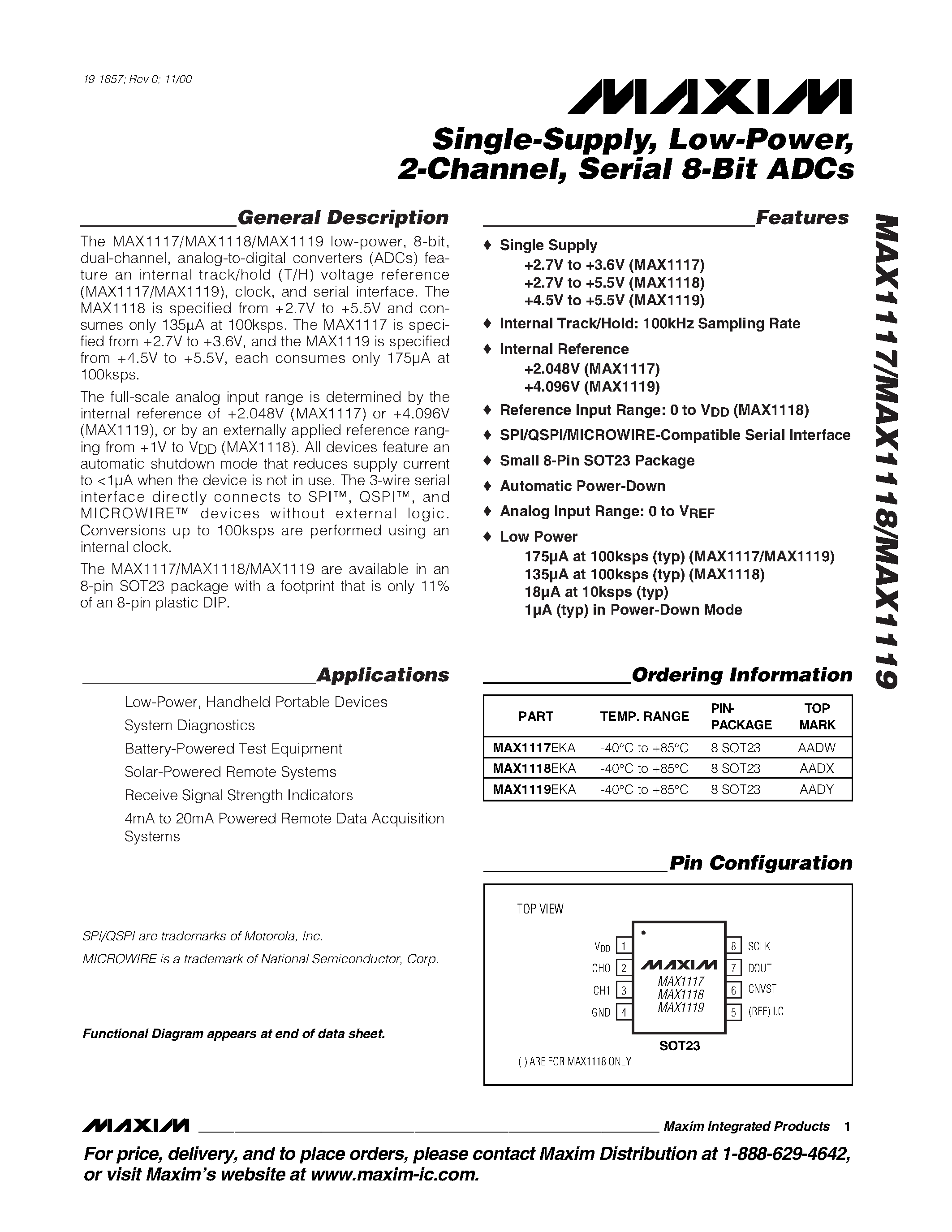 Даташит MAX1119 - Single-Supply / Low-Power / 2-Channel / Serial 8-Bit ADCs страница 1