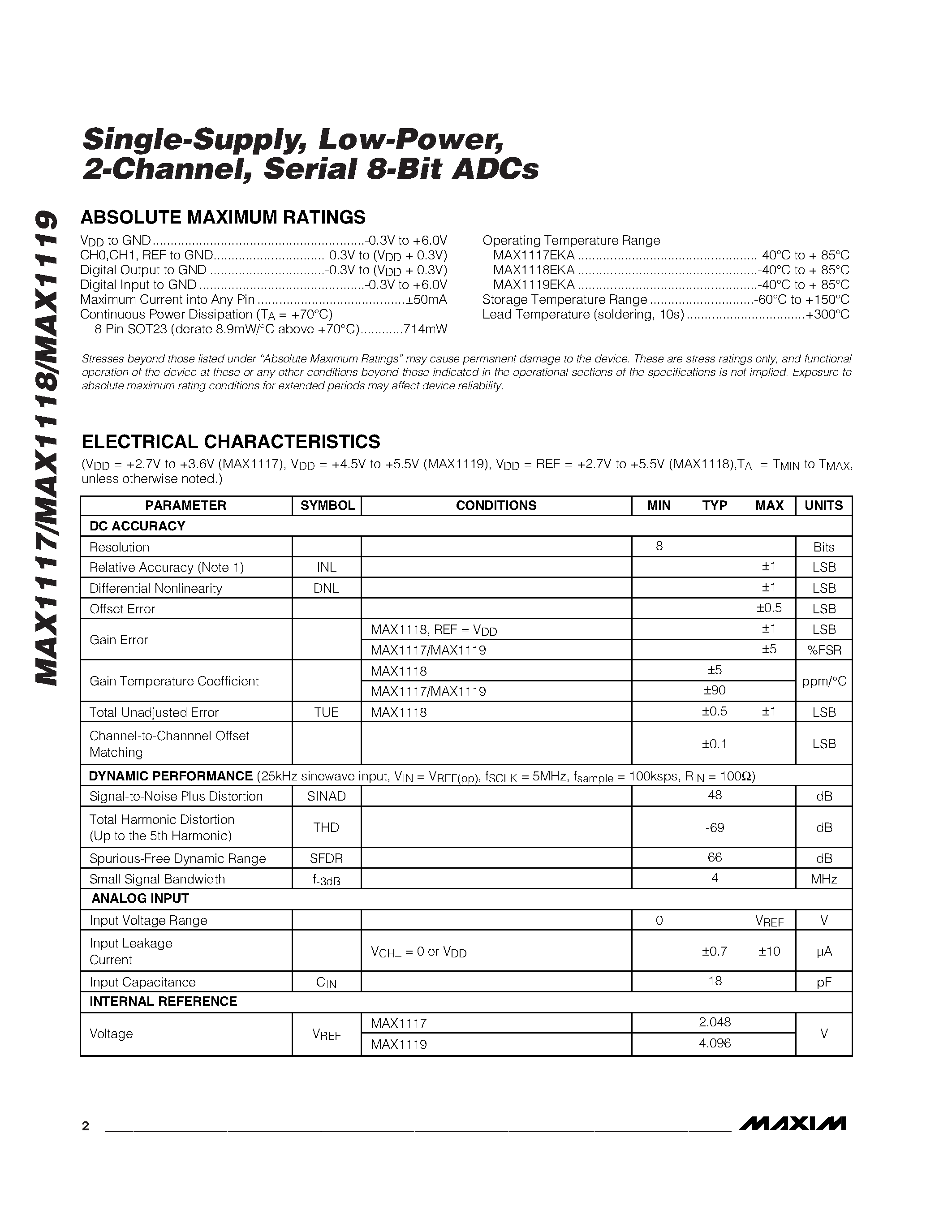 Даташит MAX1119 - Single-Supply / Low-Power / 2-Channel / Serial 8-Bit ADCs страница 2