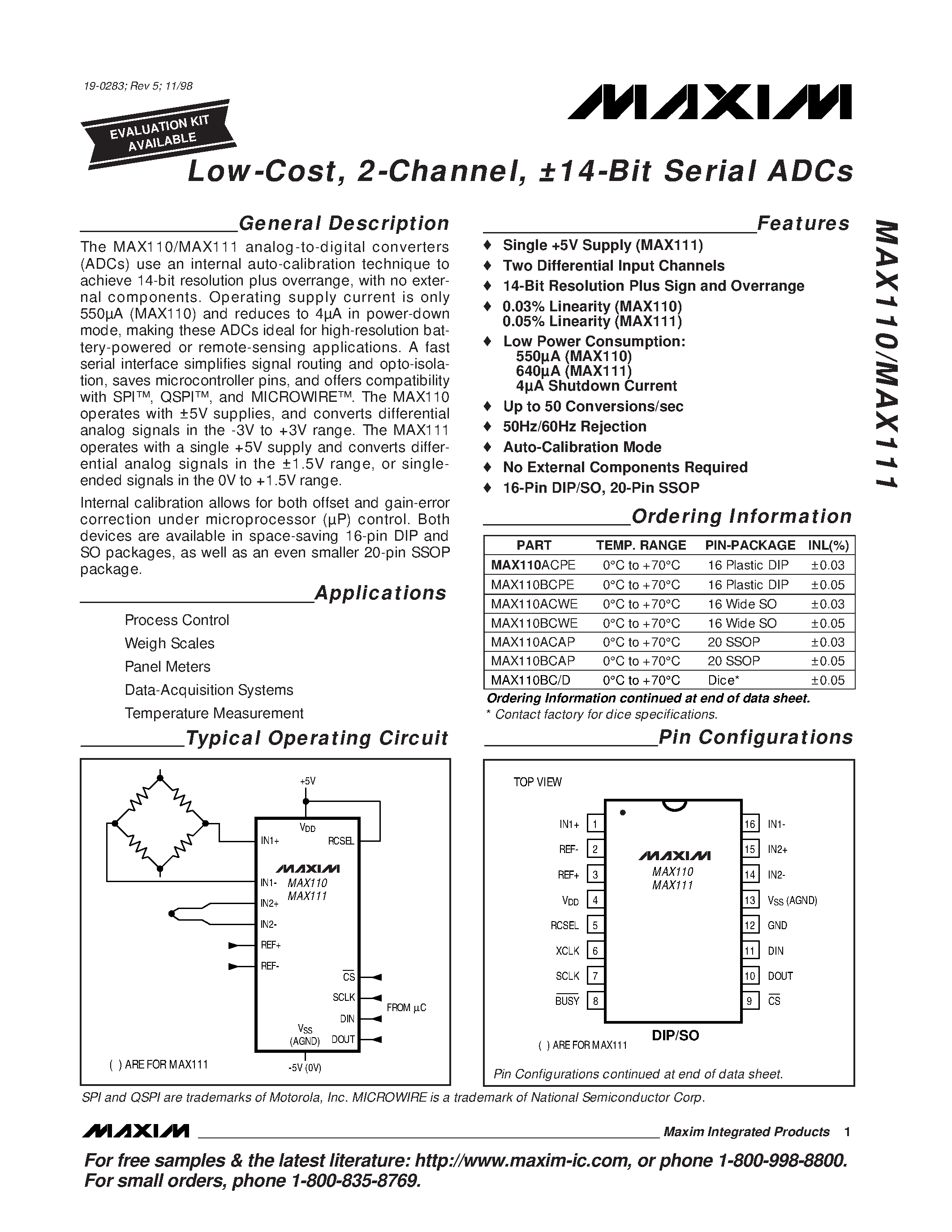 Даташит MAX111ACPE - Low-Cost / 2-Channel / 14-Bit Serial ADCs страница 1