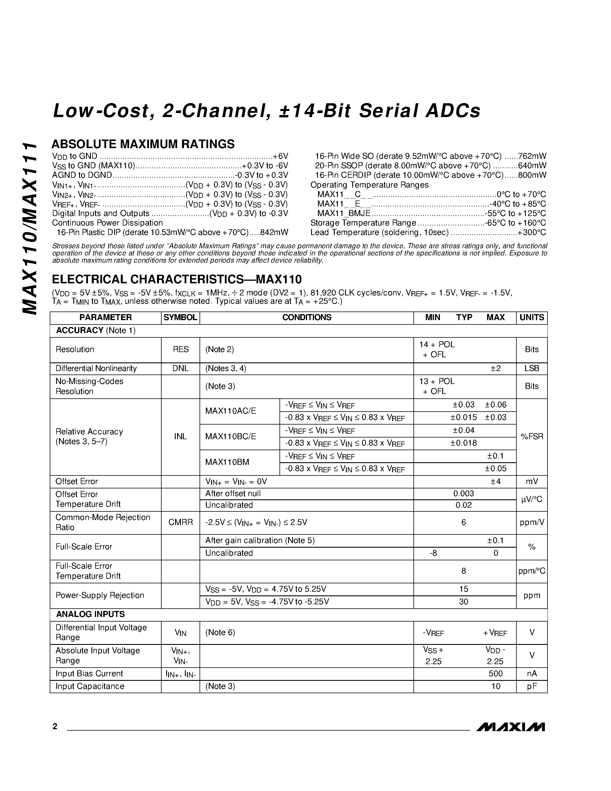 Даташит MAX111BEWE - Low-Cost / 2-Channel / 14-Bit Serial ADCs страница 2