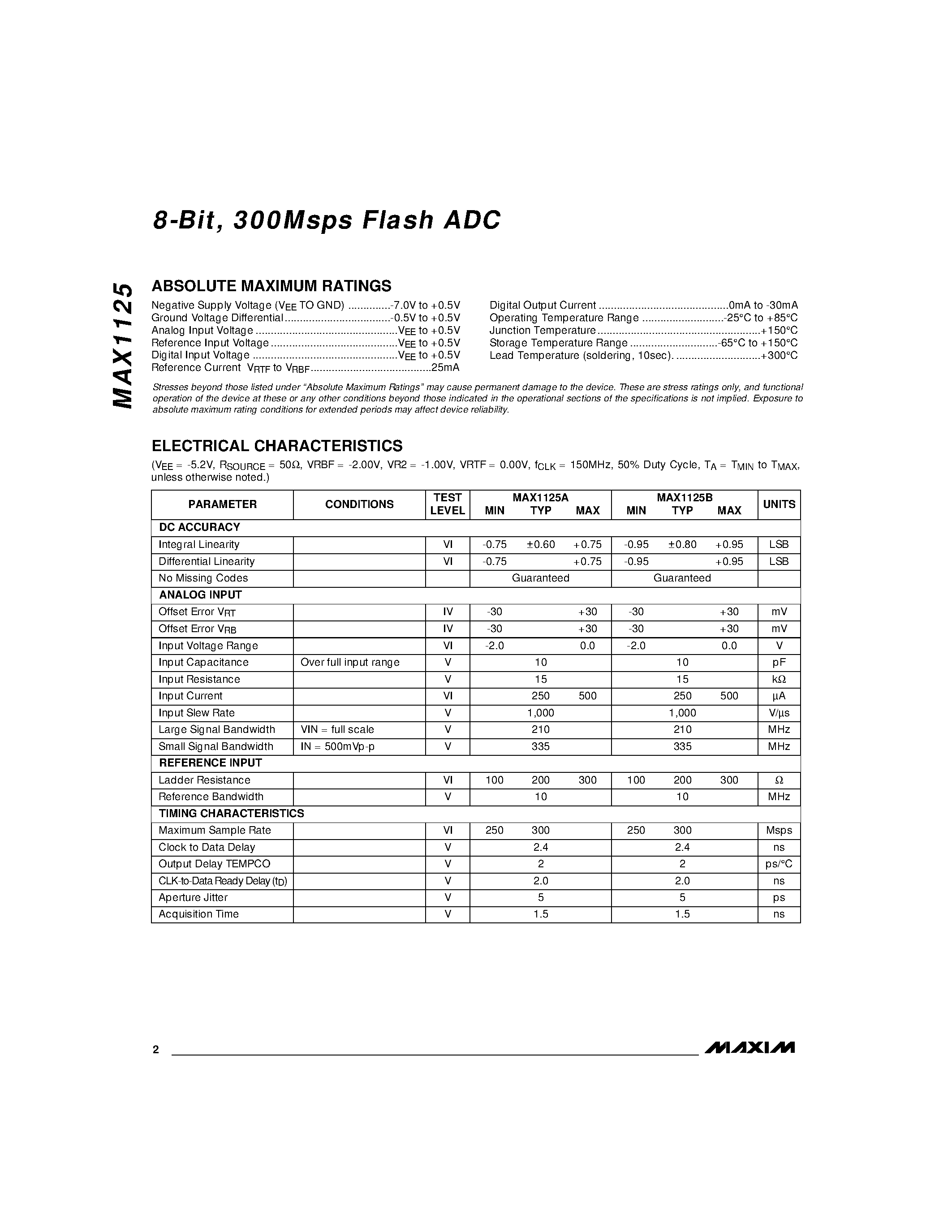 Datasheet MAX1125AIBH - 8-Bit / 300Msps Flash ADC page 2
