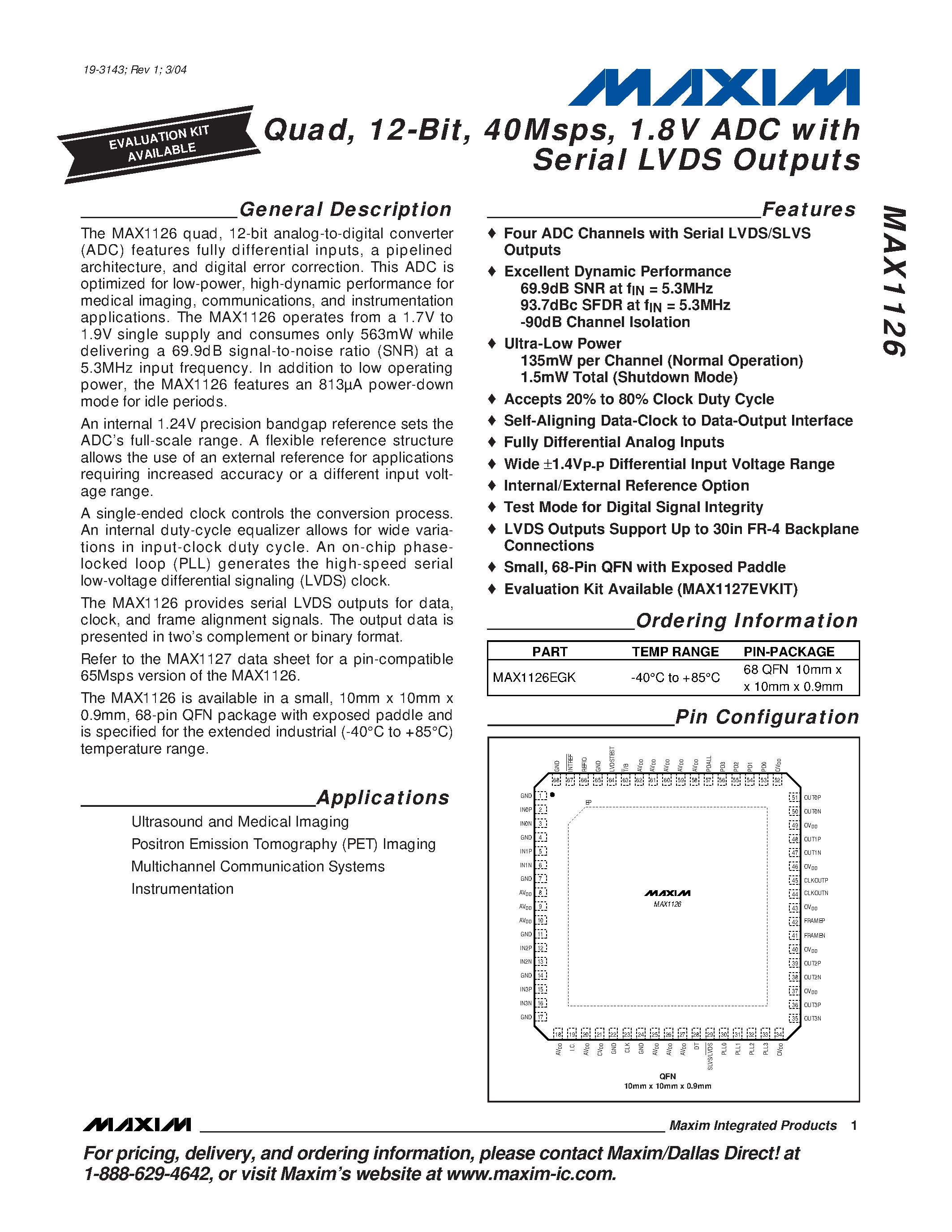 Datasheet MAX1126 - Quad / 12-Bit / 40Msps / 1.8V ADC with Serial LVDS Outputs page 1