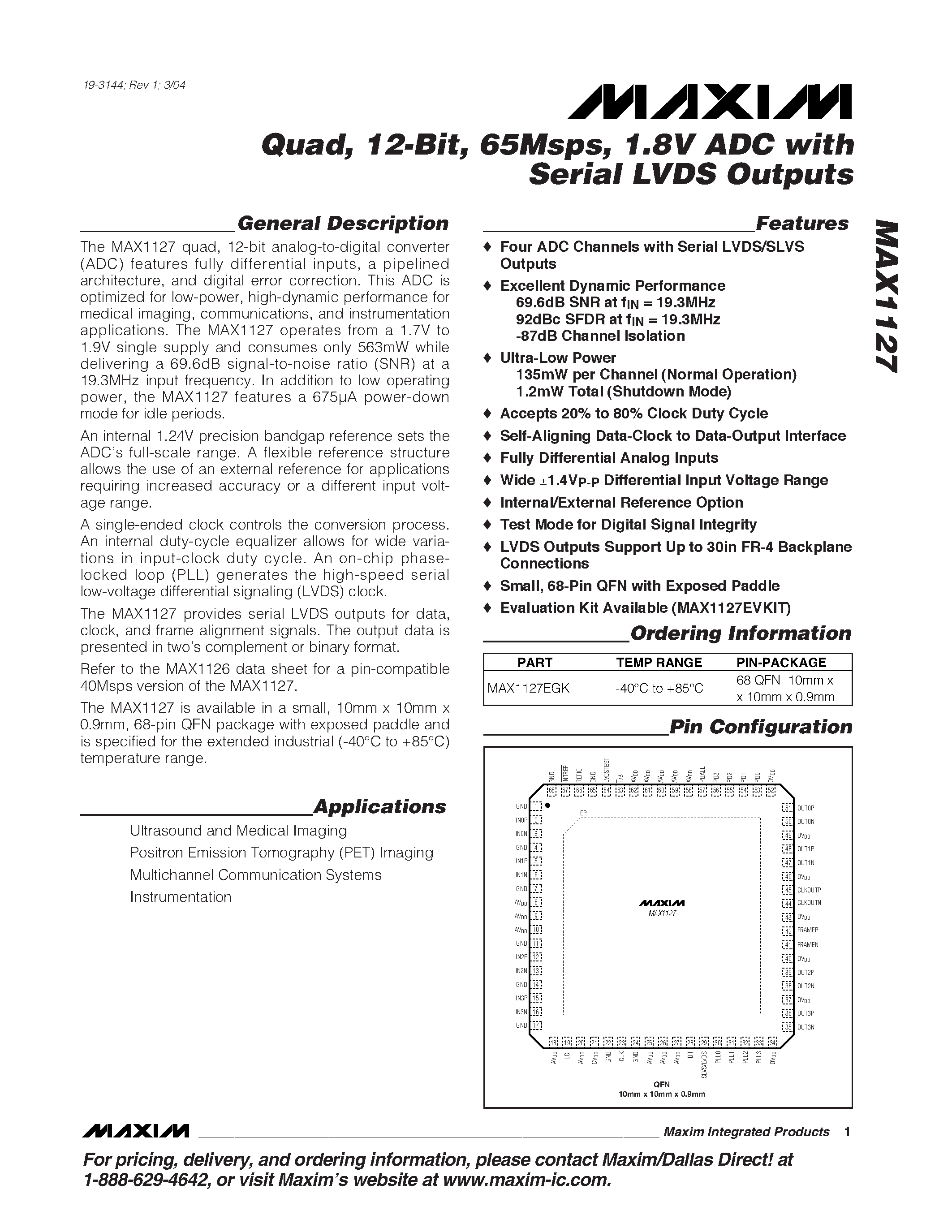 Datasheet MAX1127 - Quad / 12-Bit / 65Msps / 1.8V ADC with Serial LVDS Outputs page 1