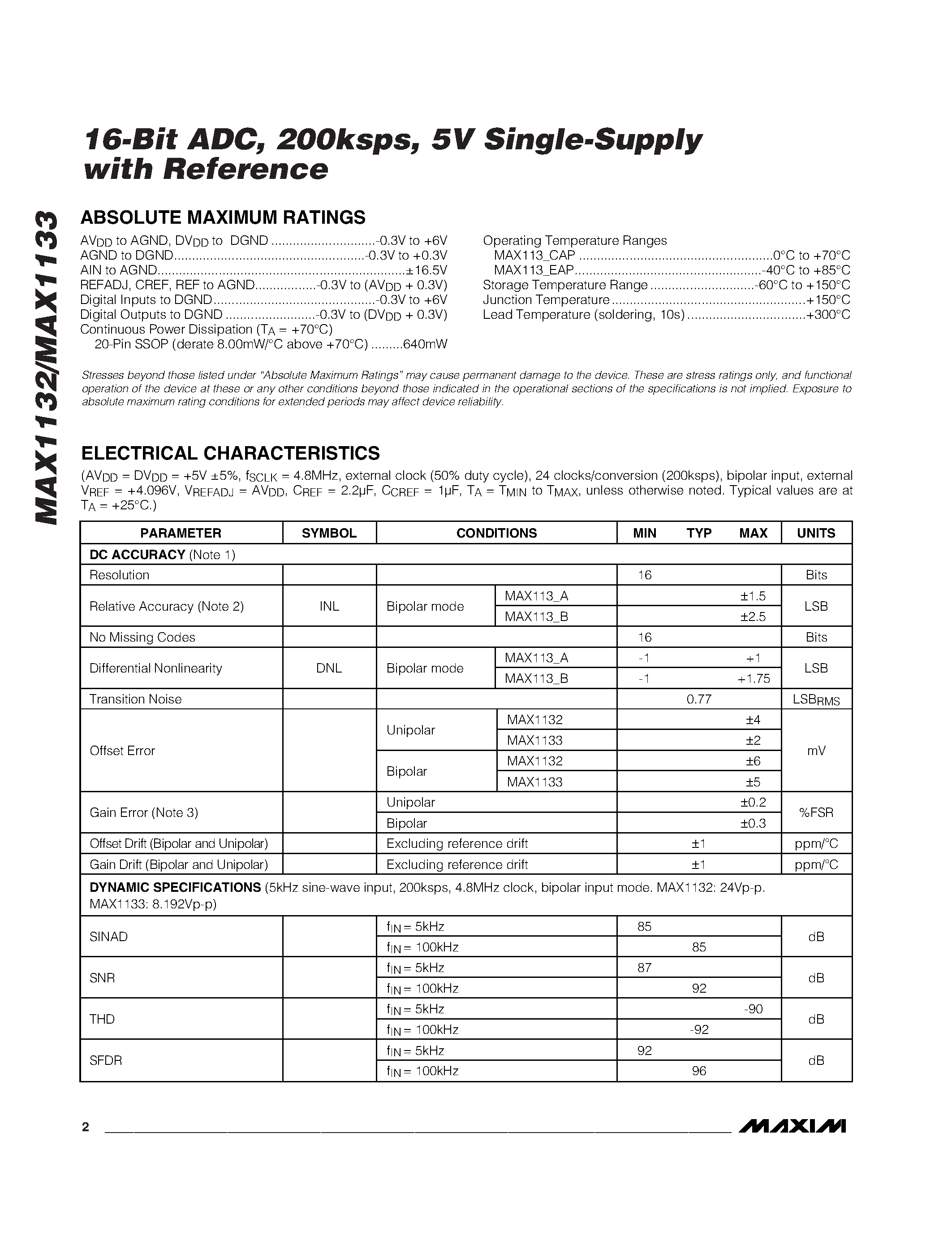 Datasheet MAX1132 - 16-Bit ADC / 200ksps / 5V Single-Supply with Reference page 2
