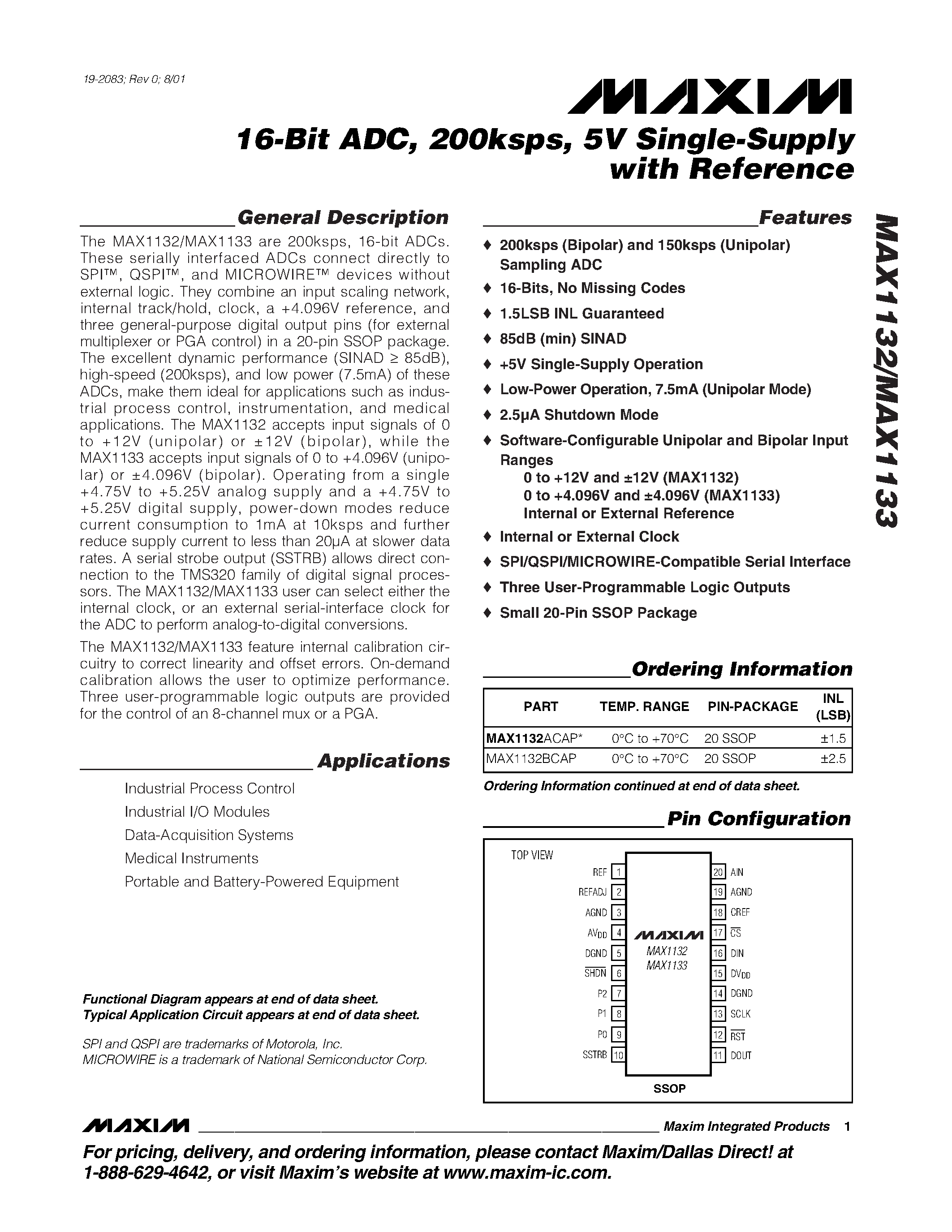 Datasheet MAX1133 - 16-Bit ADC / 200ksps / 5V Single-Supply with Reference page 1