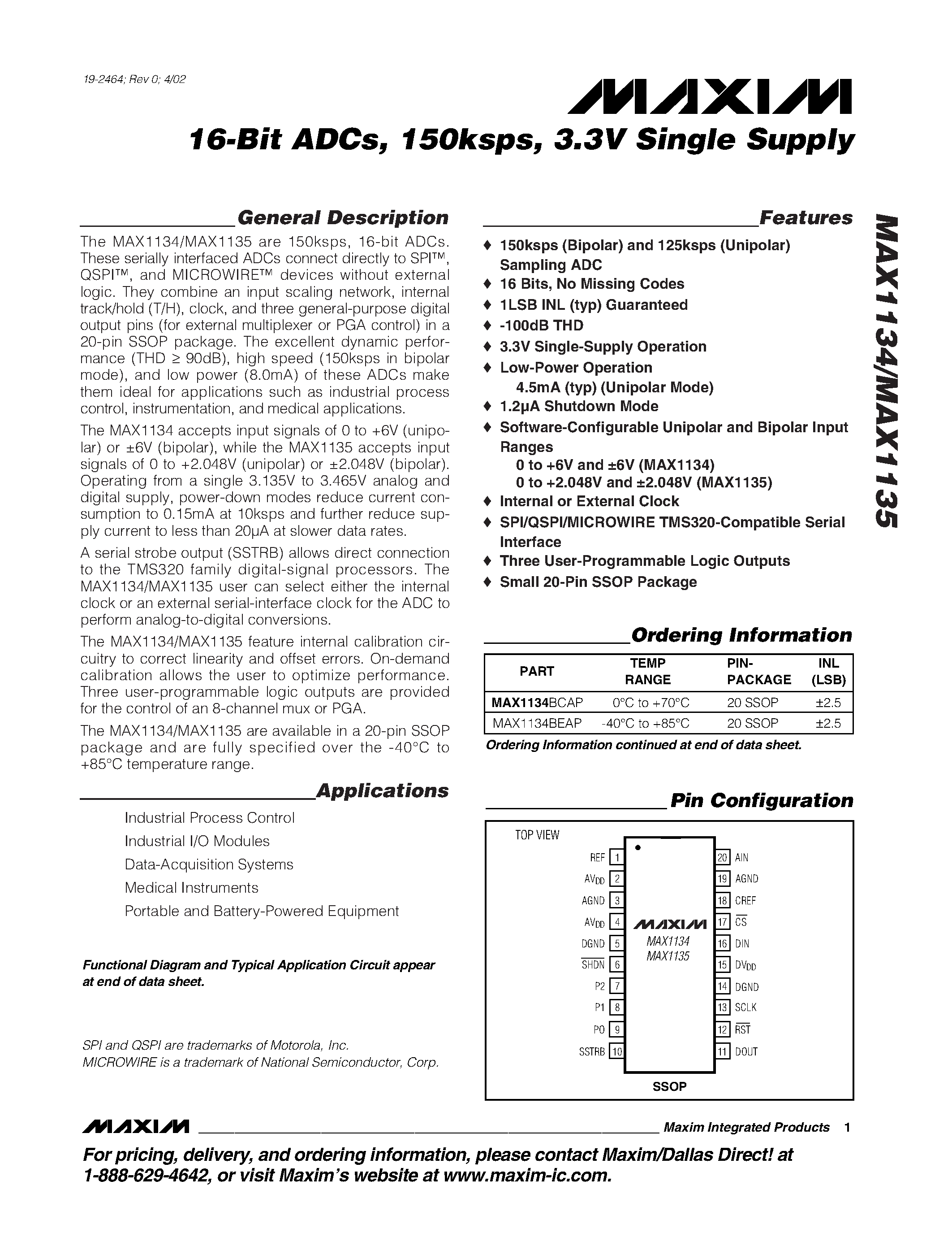 Даташит MAX1135BEAP - 16-Bit ADCs / 150ksps / 3.3V Single Supply страница 1