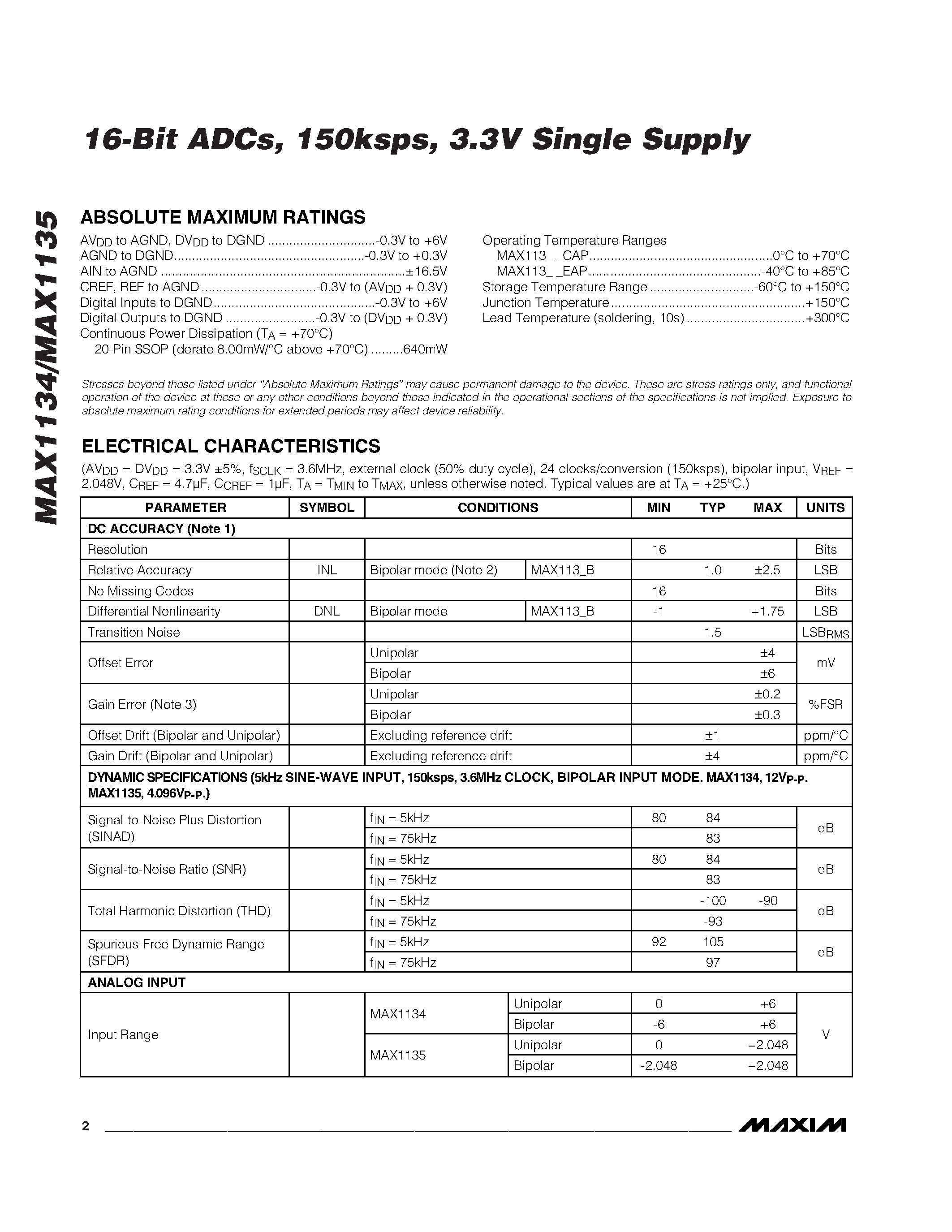 Даташит MAX1135BEAP - 16-Bit ADCs / 150ksps / 3.3V Single Supply страница 2