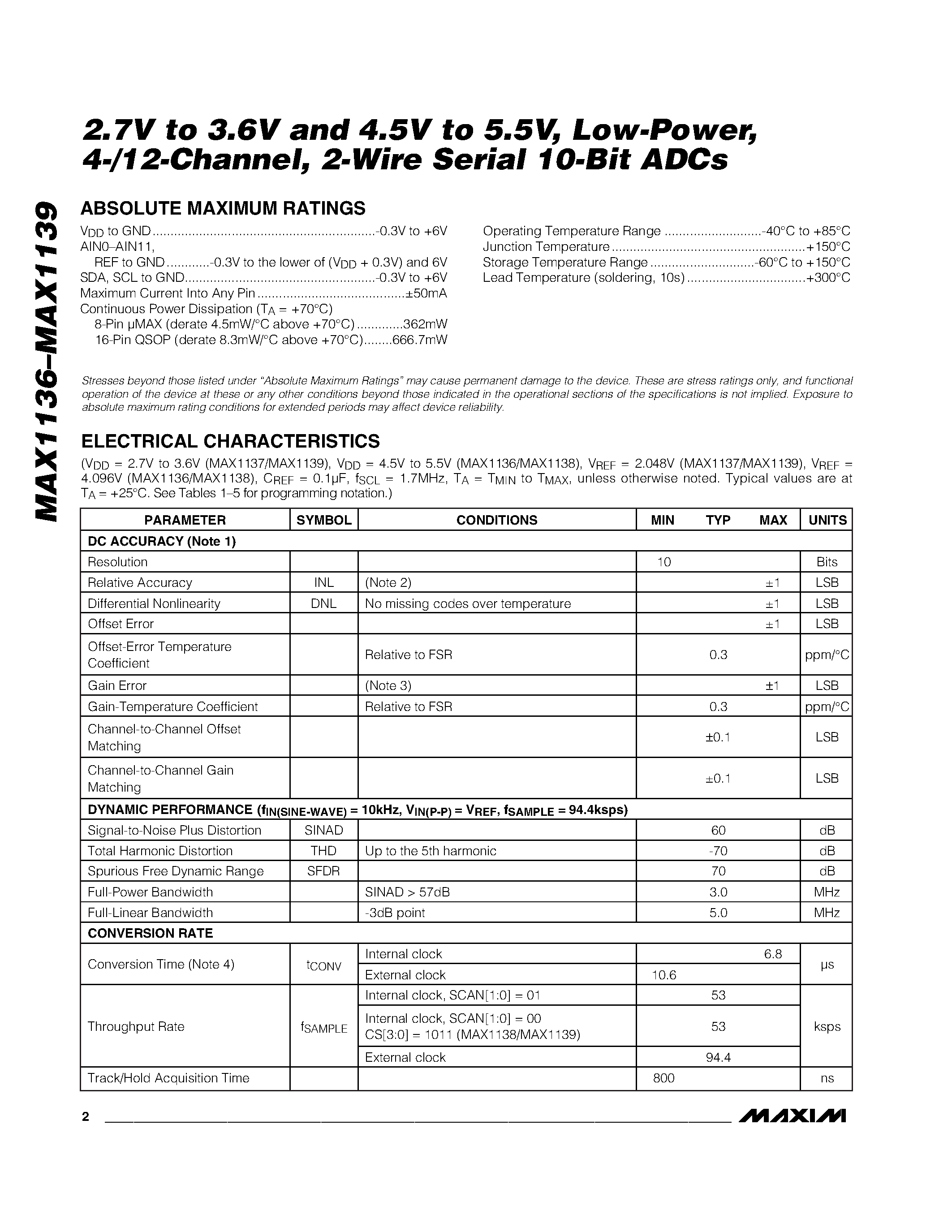 Даташит MAX1138EEE - 2.7V to 3.6V and 4.5V to 5.5V / Low-Power / 4-/12-Channel / 2-Wire Serial 10-Bit ADCs страница 2