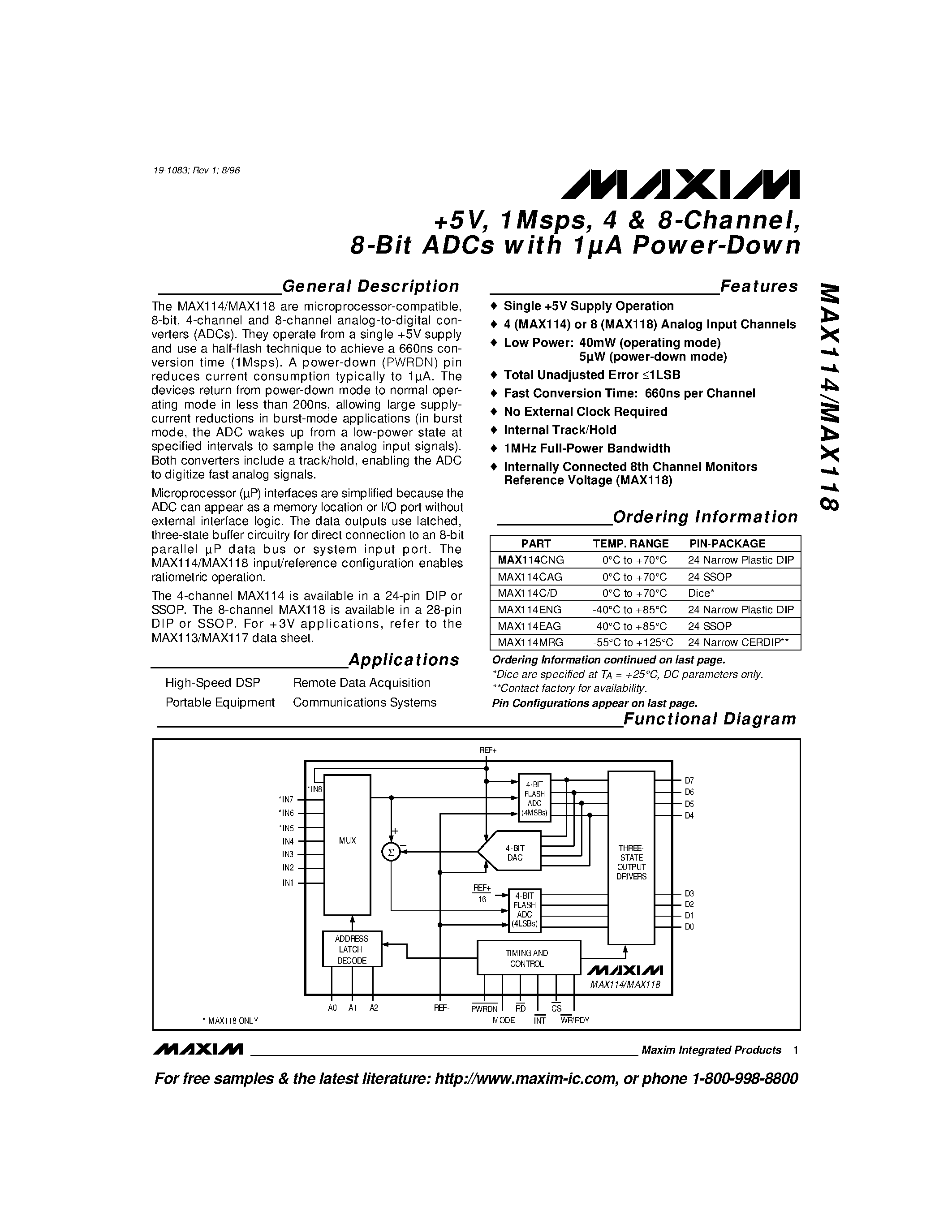 Datasheet MAX114 - +5V / 1Msps / 4 & 8-Channel / 8-Bit ADCs with 1A Power-Down page 1