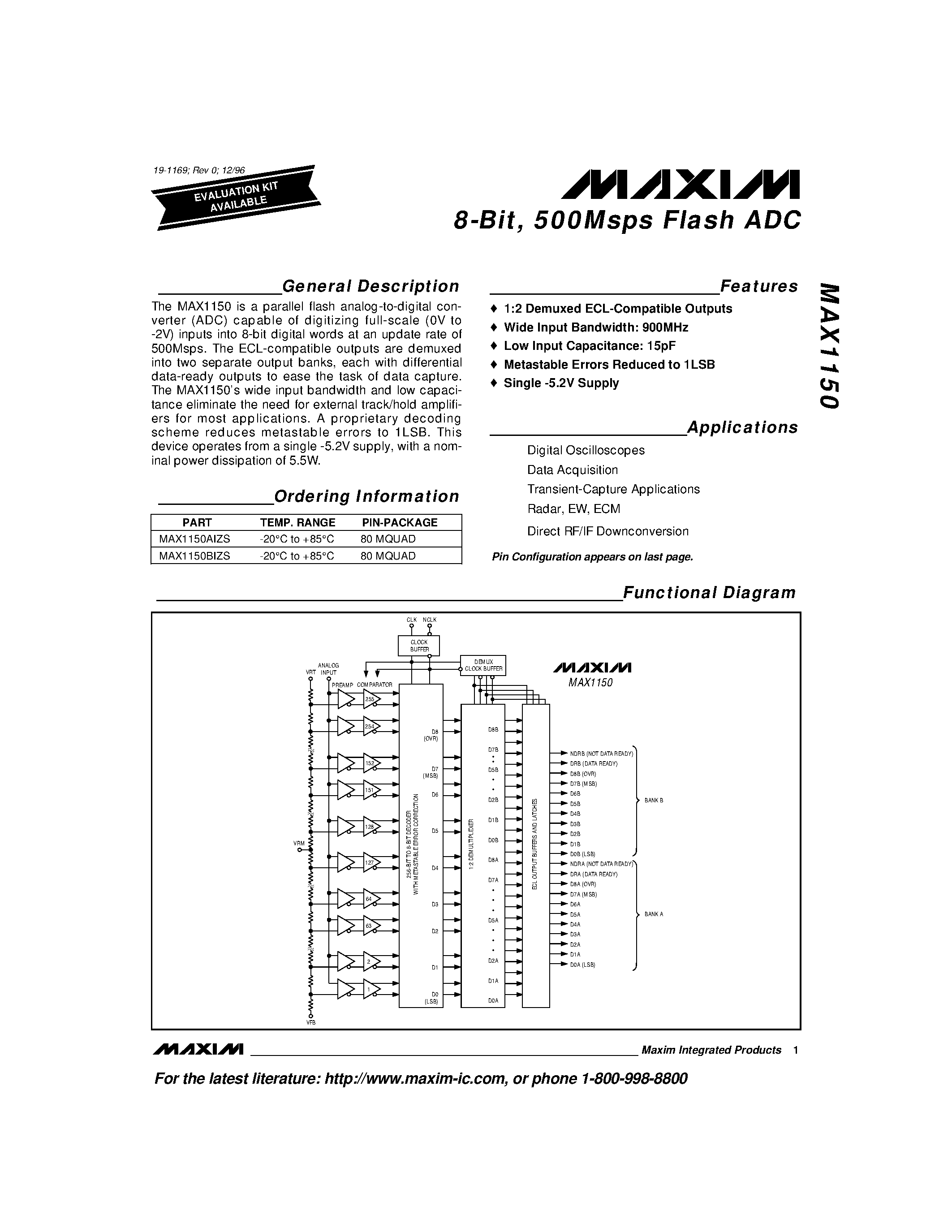 Datasheet MAX1150BIZS - 8-Bit / 500Msps Flash ADC page 1
