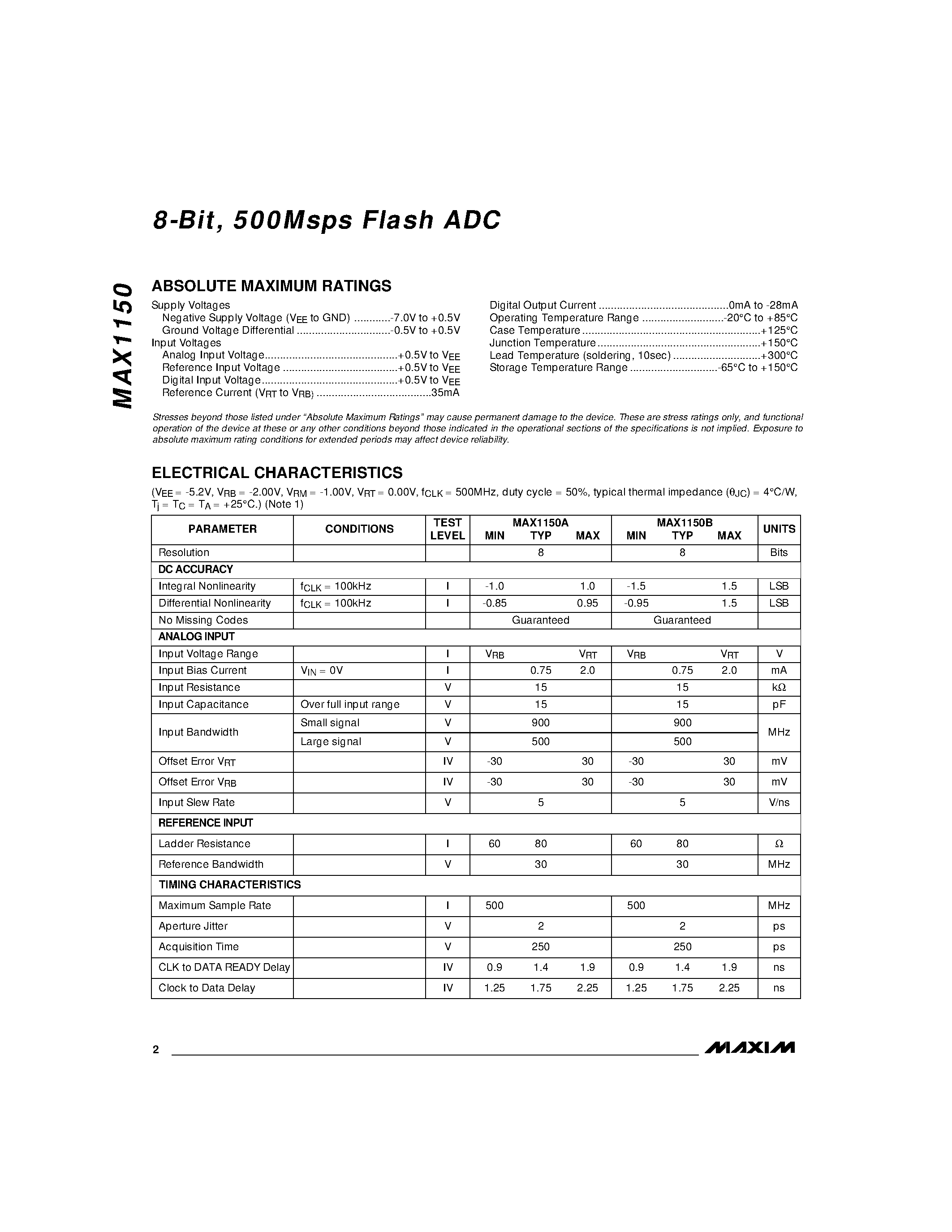 Datasheet MAX1150BIZS - 8-Bit / 500Msps Flash ADC page 2