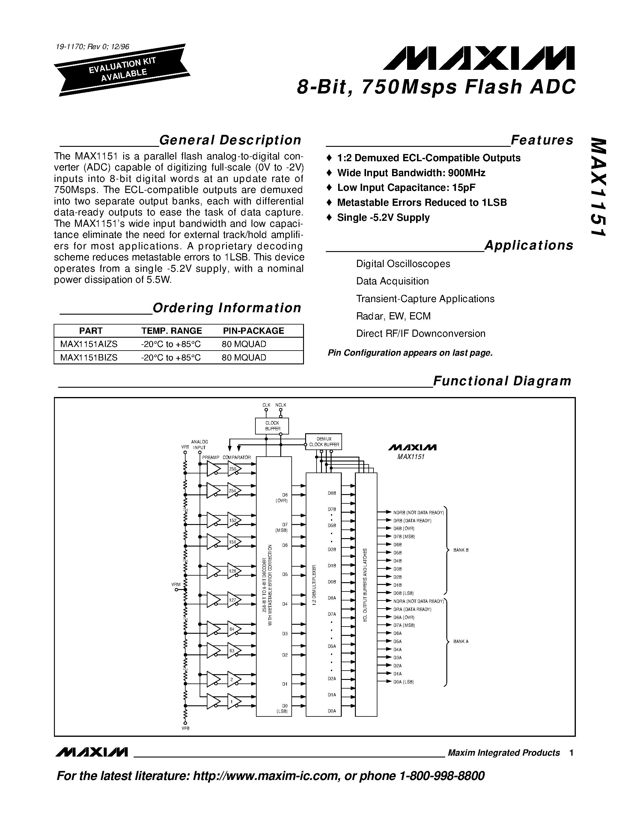 Datasheet MAX1151AIZS - 8-Bit / 750Msps Flash ADC page 1