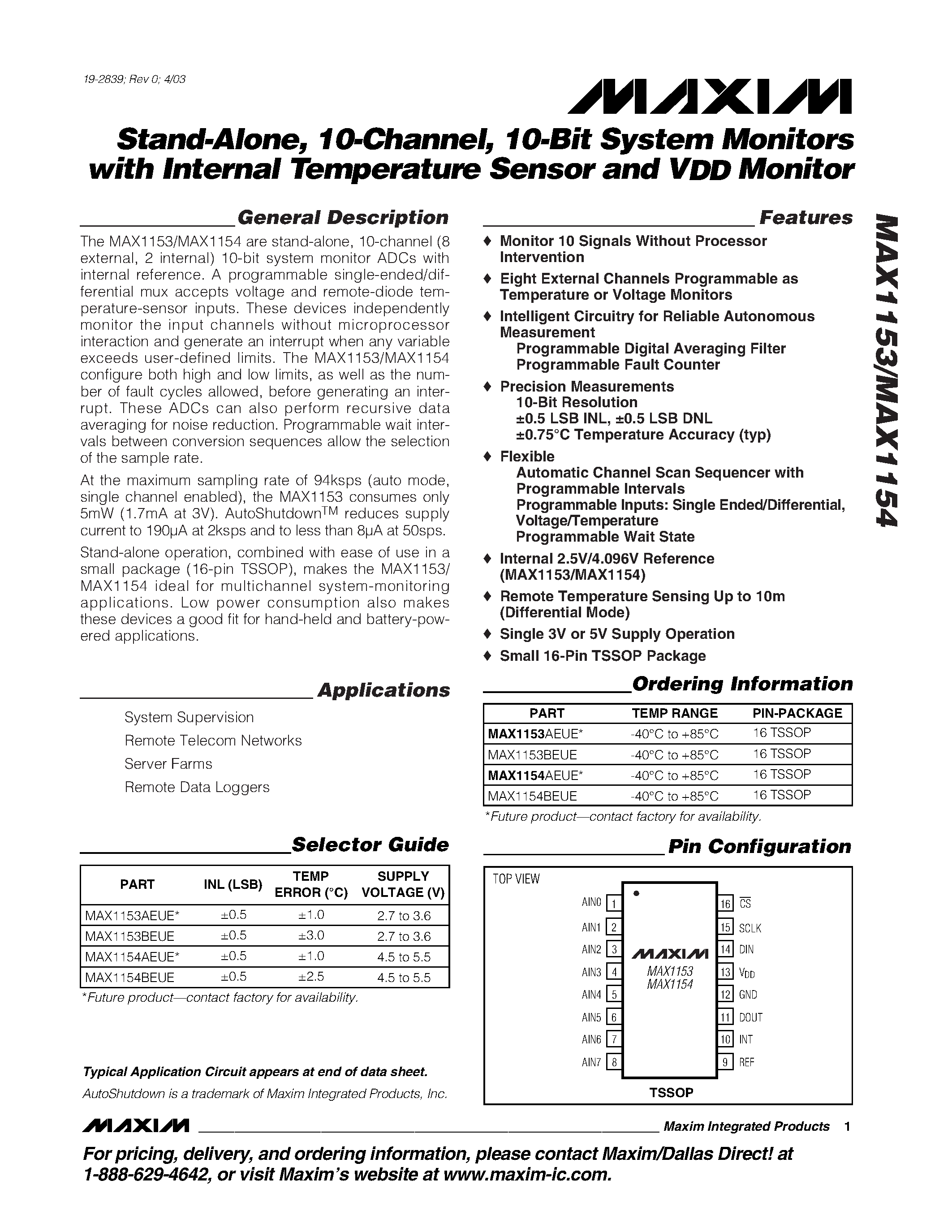 Даташит MAX1154BEUE - Stand-Alone / 10-Channel / 10-Bit System Monitors with Internal Temperature Sensor and VDD Monitor страница 1