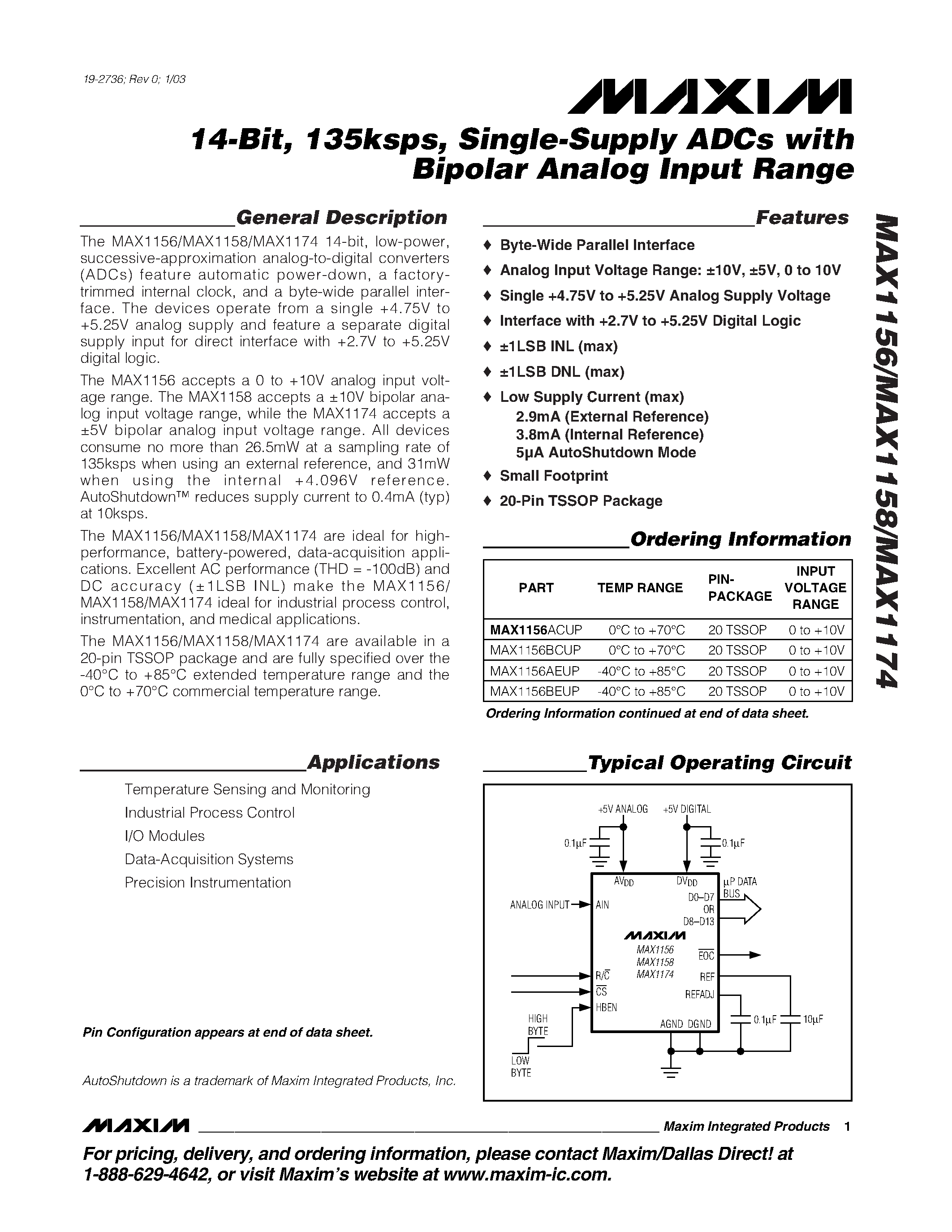 Даташит MAX1156BCUP - 14-Bit / 135ksps / Single-Supply ADCs with Bipolar Analog Input Range страница 1
