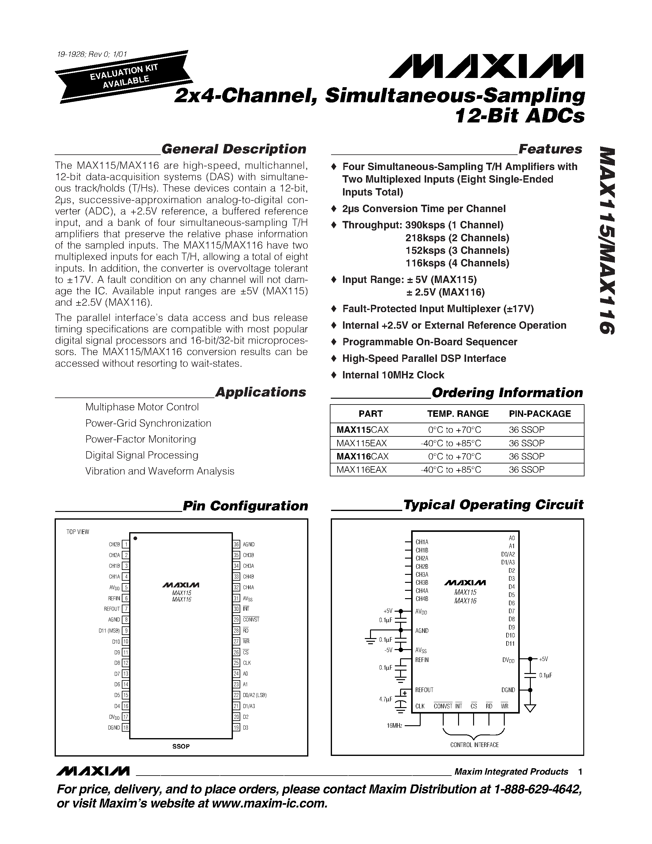 Даташит MAX116 - 2x4-Channel / Simultaneous-Sampling 12-Bit ADCs страница 1