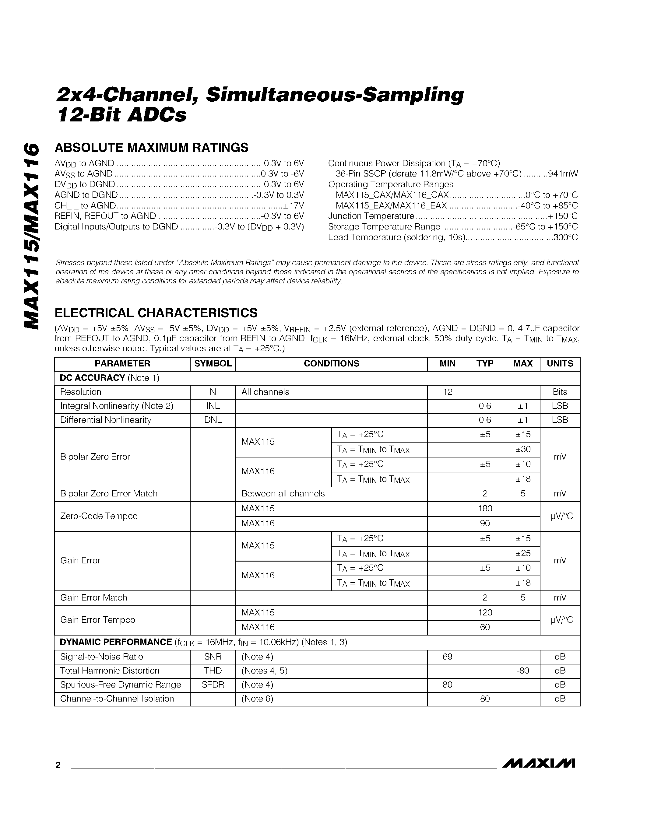 Даташит MAX116 - 2x4-Channel / Simultaneous-Sampling 12-Bit ADCs страница 2