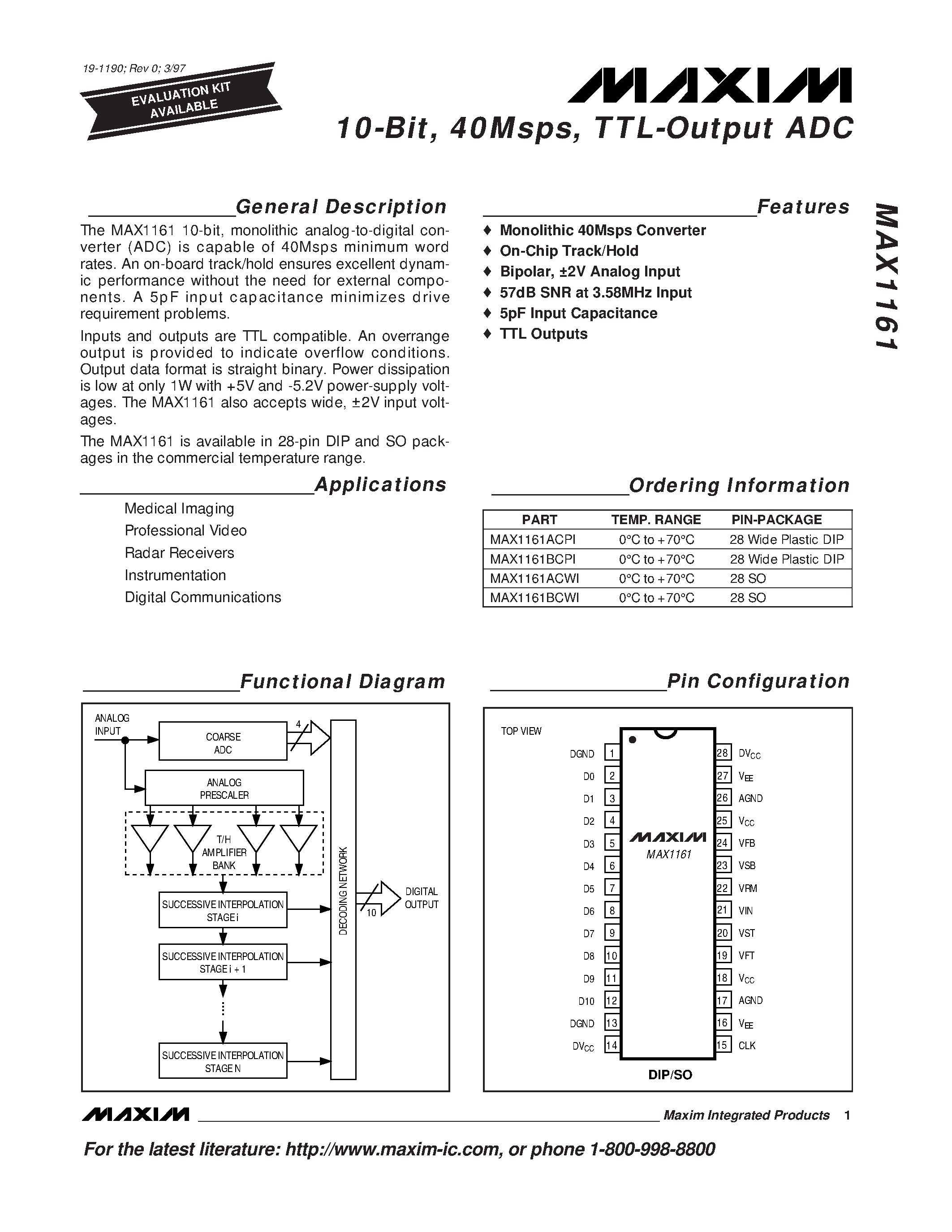 Datasheet MAX1161 - 10-Bit / 40Msps / TTL-Output ADC page 1