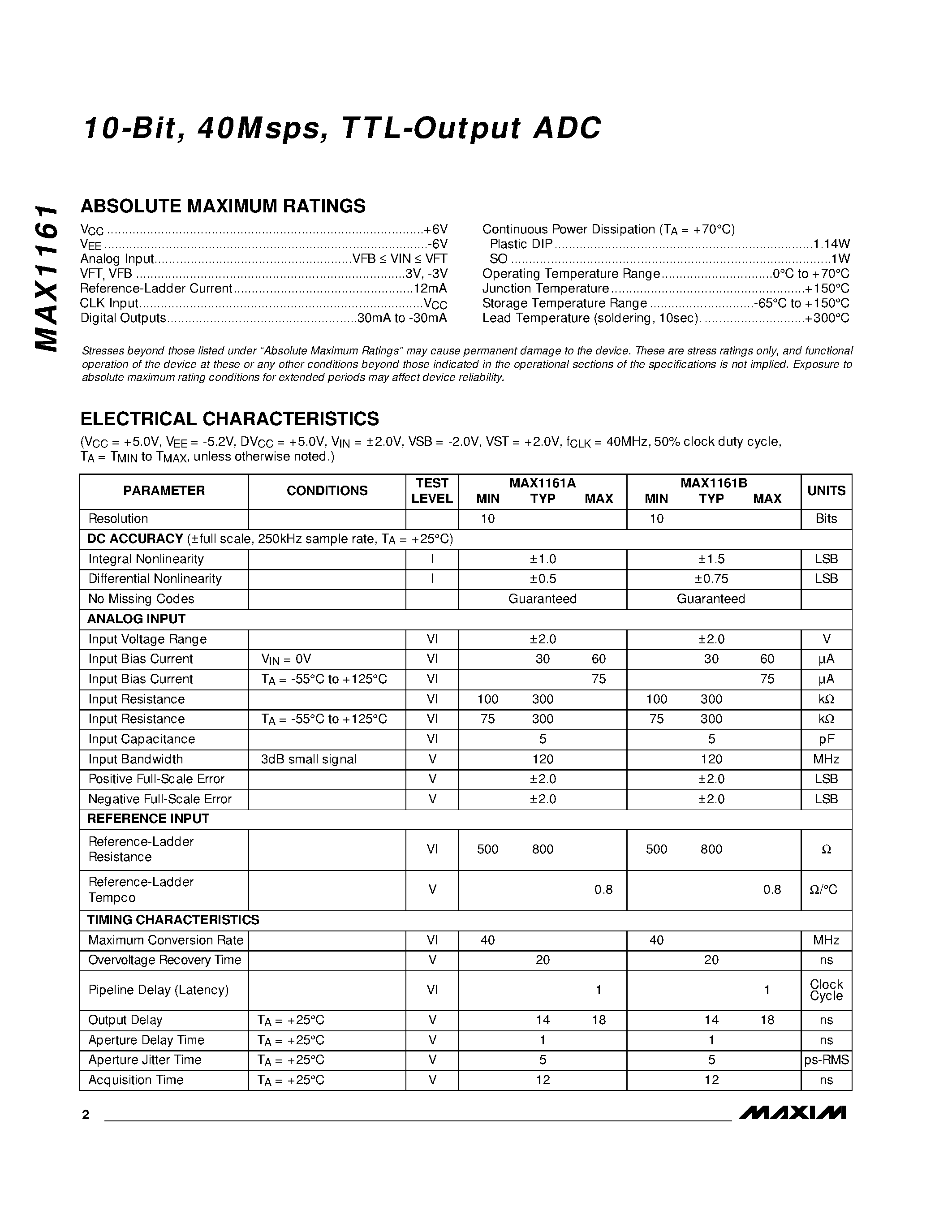 Datasheet MAX1161 - 10-Bit / 40Msps / TTL-Output ADC page 2