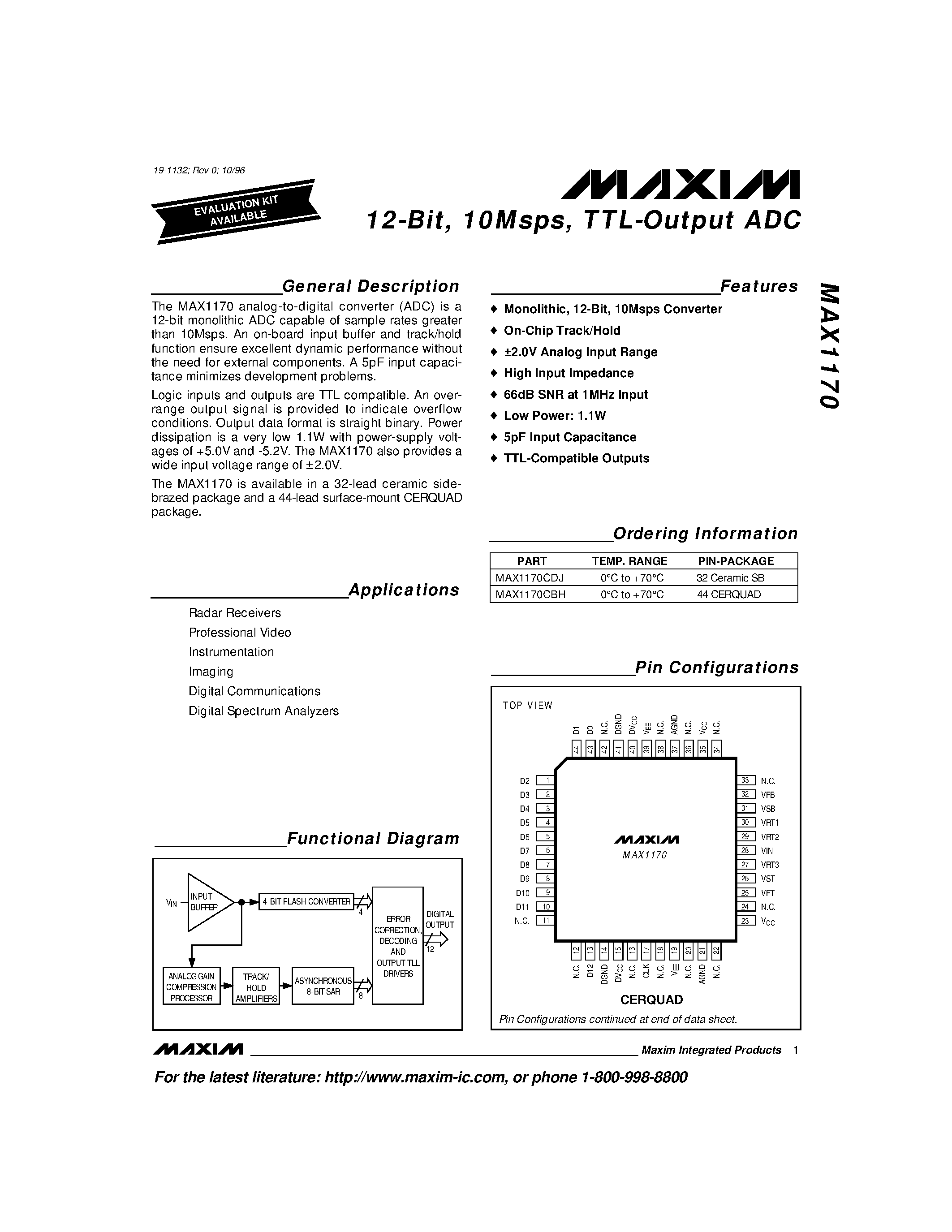 Datasheet MAX1170CDJ page 1 Datasheet MAX1170CDJ - 12-Bit / 10Msps / TTL-Output ADC page 1