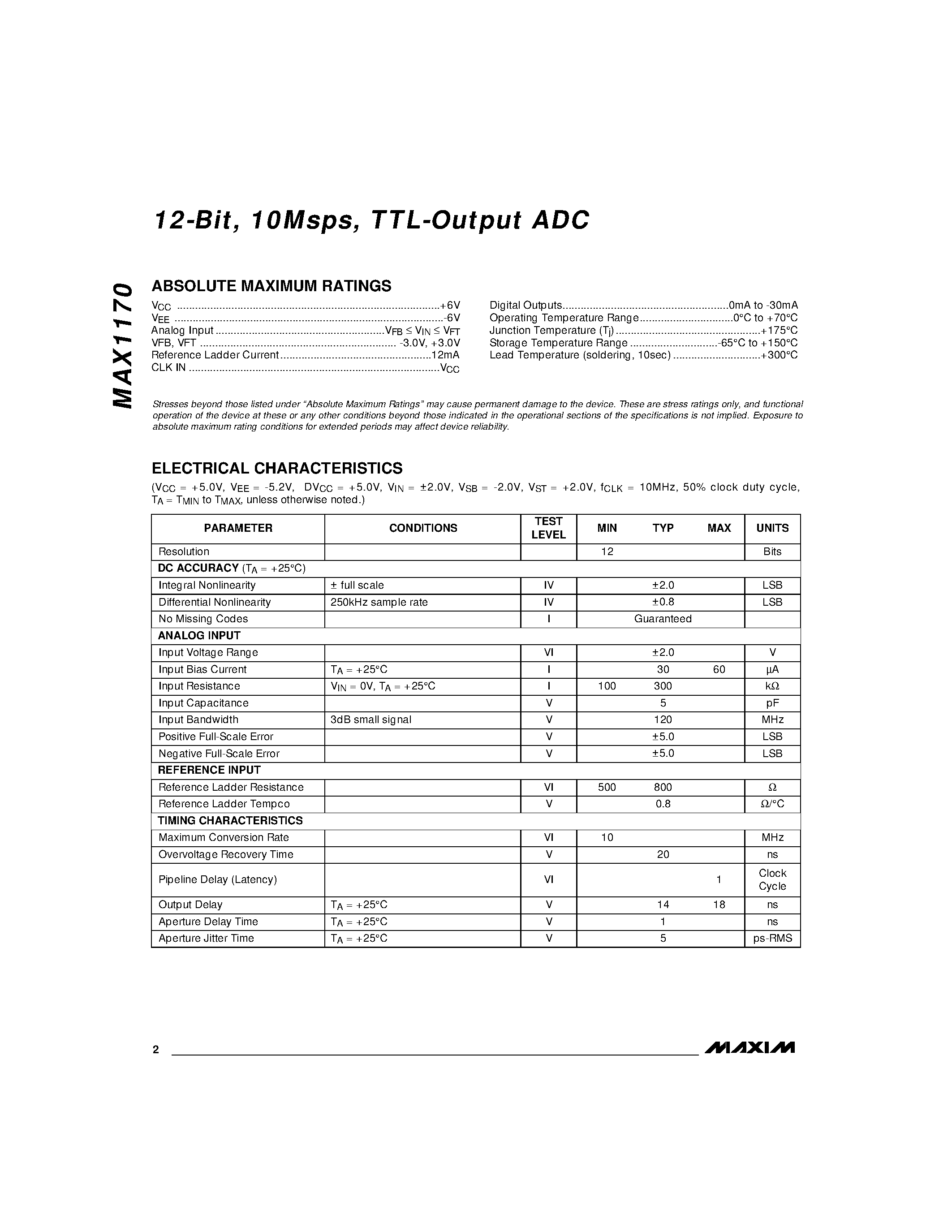 Datasheet MAX1170CDJ page 2 Datasheet MAX1170CDJ - 12-Bit / 10Msps / TTL-Output ADC page 2