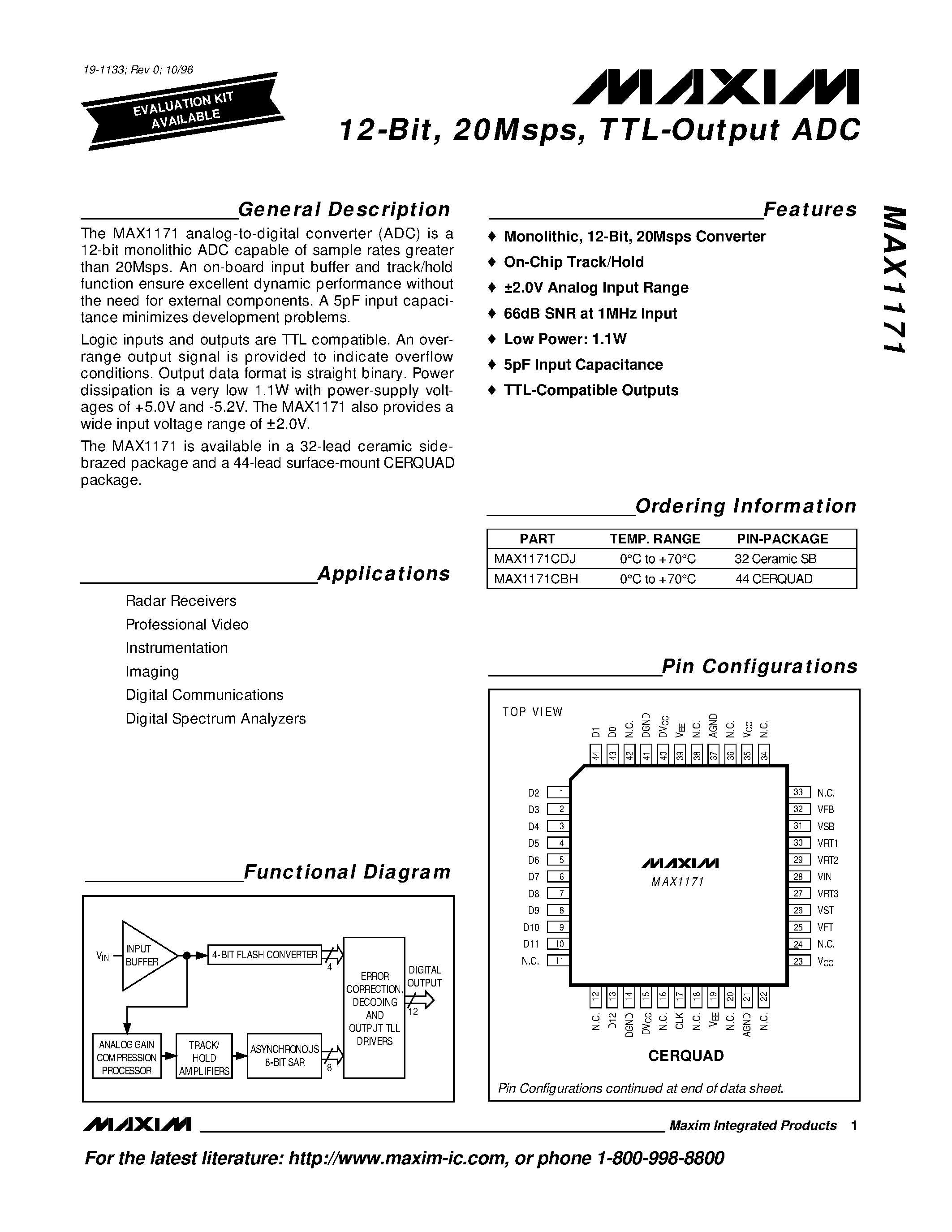 Datasheet MAX1171 - 12-Bit / 20Msps / TTL-Output ADC page 1