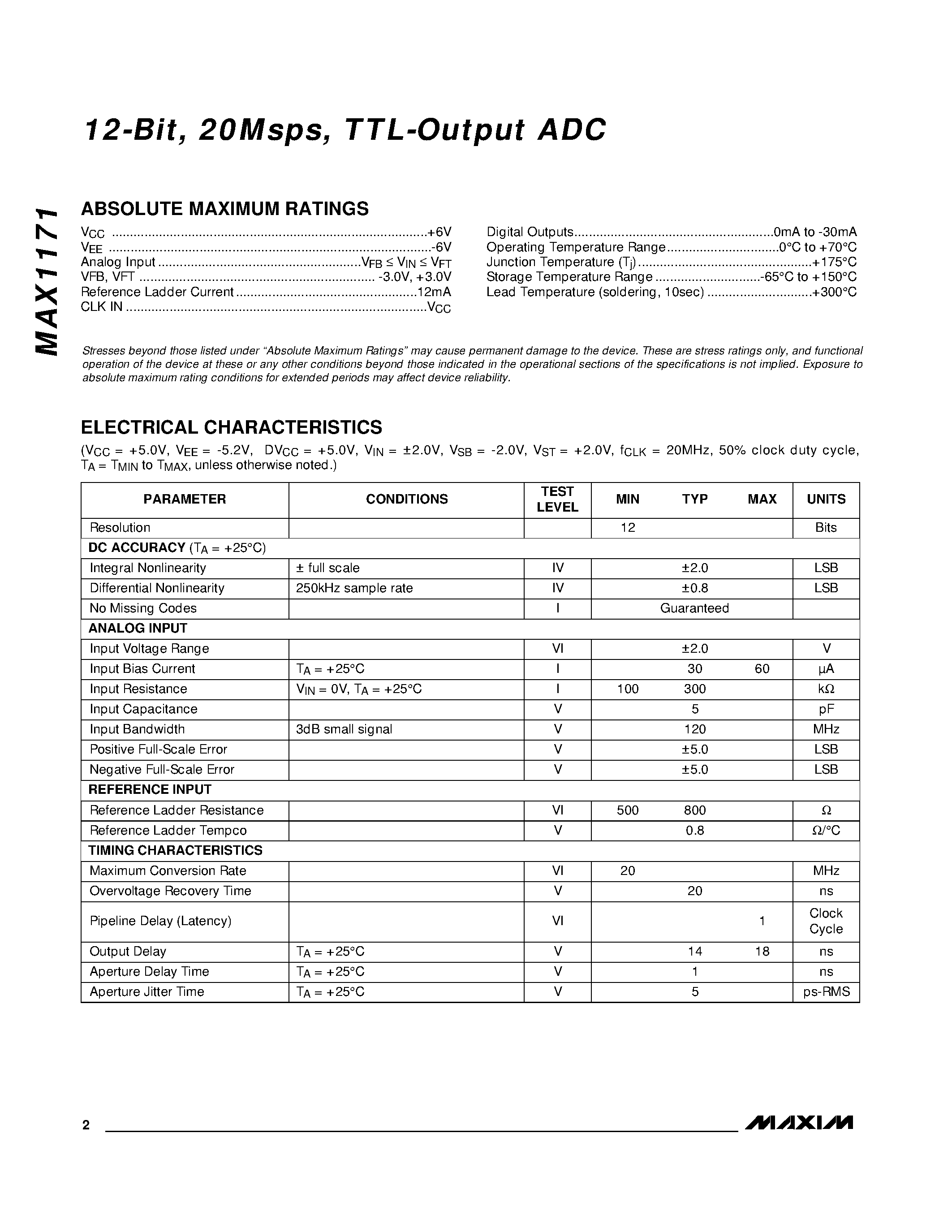 Datasheet MAX1171CBH page 2 Datasheet MAX1171CBH - 12-Bit / 20Msps / TTL-Output ADC page 2