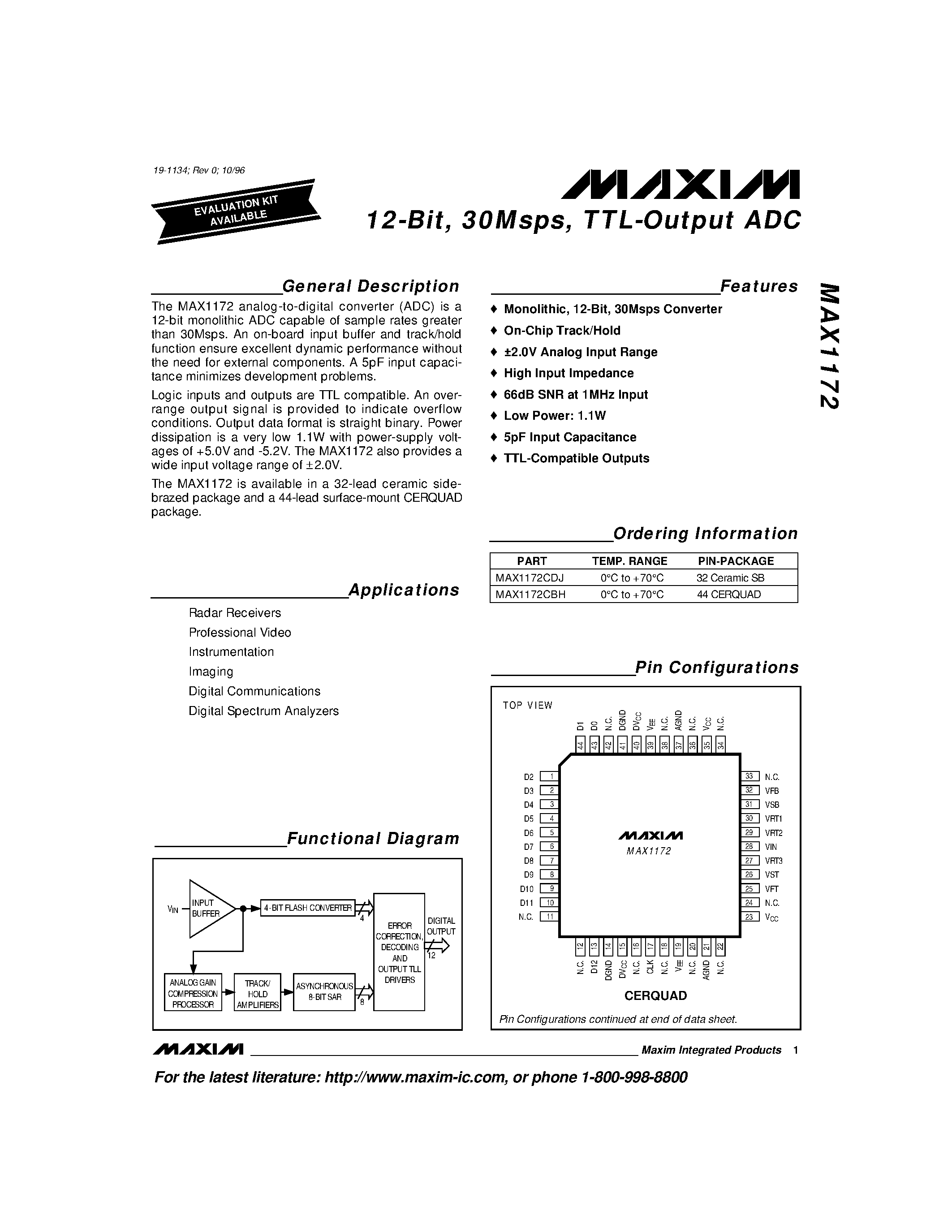 Datasheet MAX1172 - 12-Bit / 30Msps / TTL-Output ADC page 1