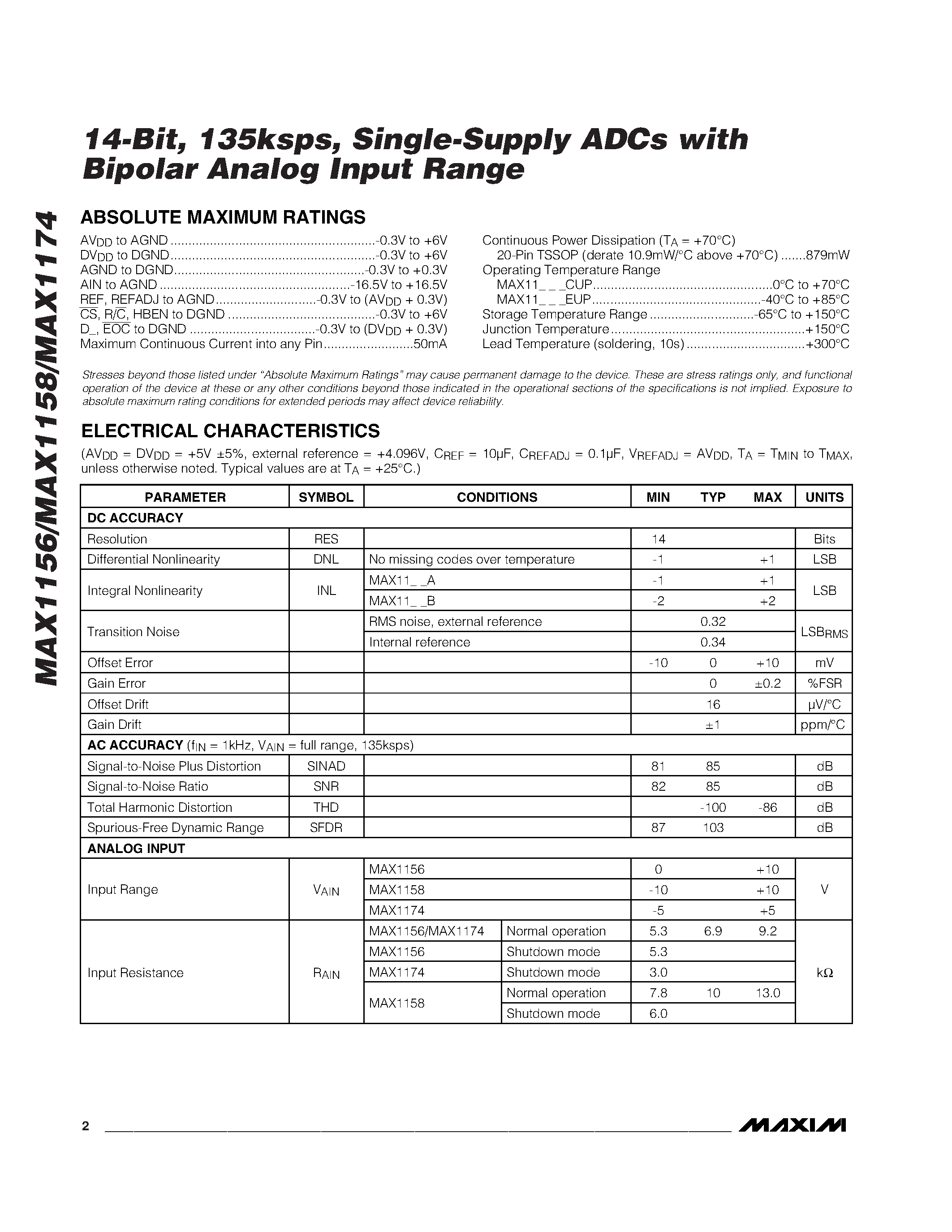 Даташит MAX1174AEUP - 14-Bit / 135ksps / Single-Supply ADCs with Bipolar Analog Input Range страница 2