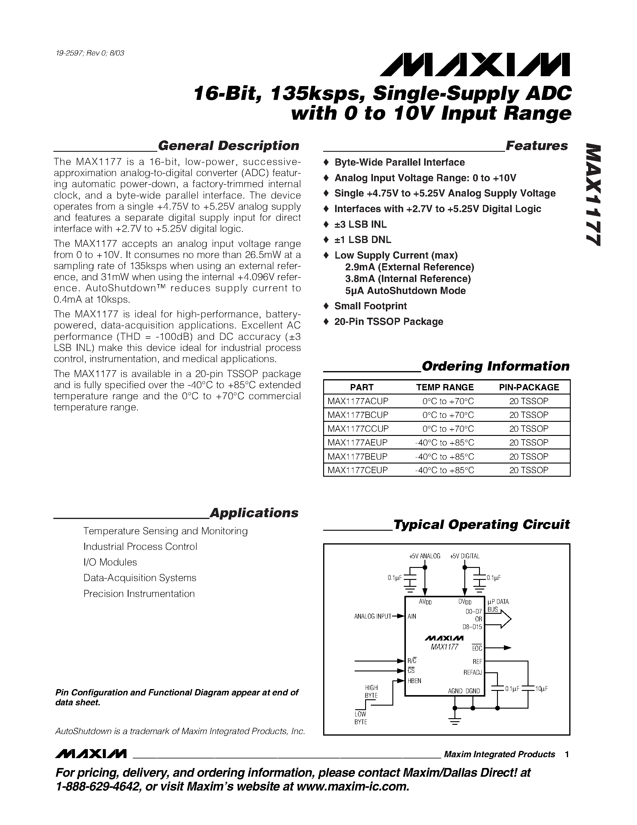 Datasheet MAX1177 - 16-Bit / 135ksps / Single-Supply ADC with 0 to 10V Input Range page 1