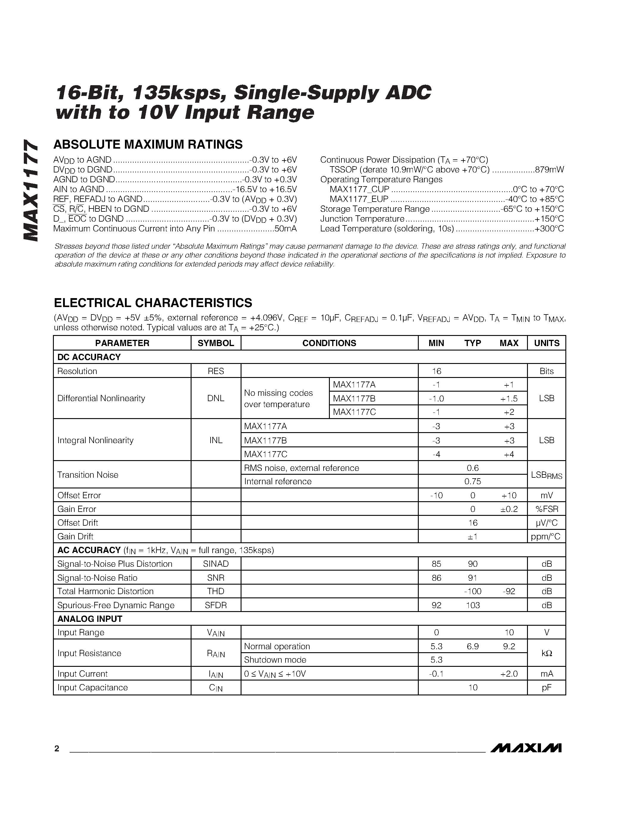 Datasheet MAX1177 - 16-Bit / 135ksps / Single-Supply ADC with 0 to 10V Input Range page 2