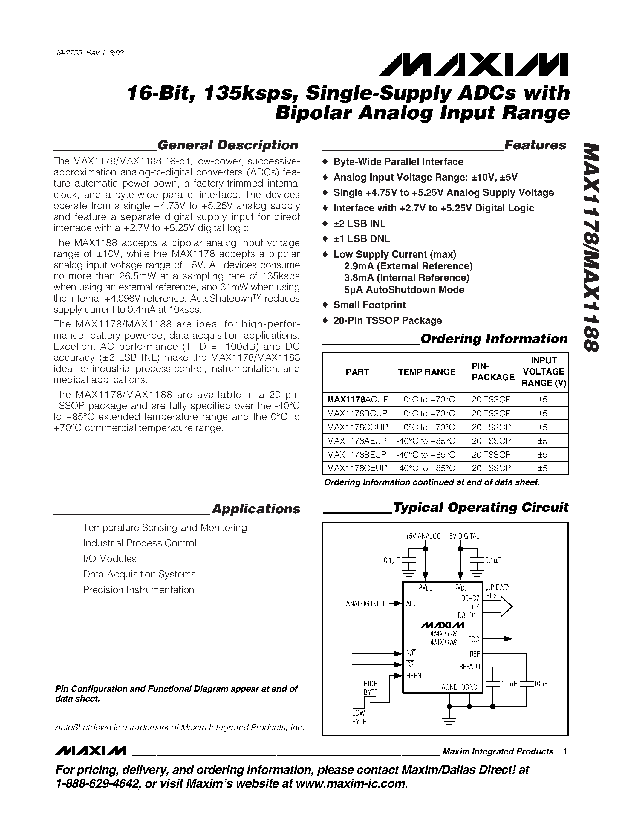 Даташит MAX1178 - 16-Bit / 135ksps / Single-Supply ADCs with Bipolar Analog Input Range страница 1