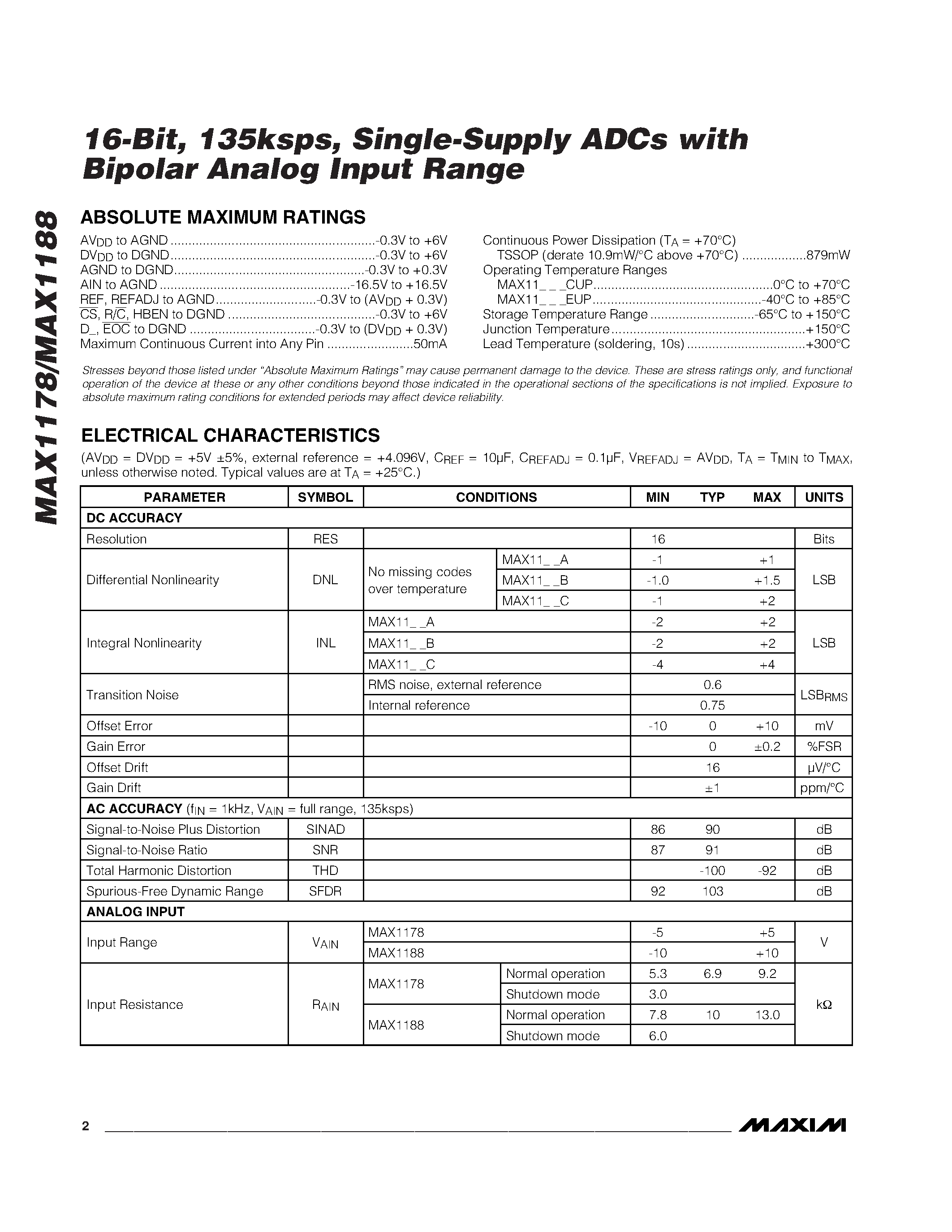 Даташит MAX1178 - 16-Bit / 135ksps / Single-Supply ADCs with Bipolar Analog Input Range страница 2