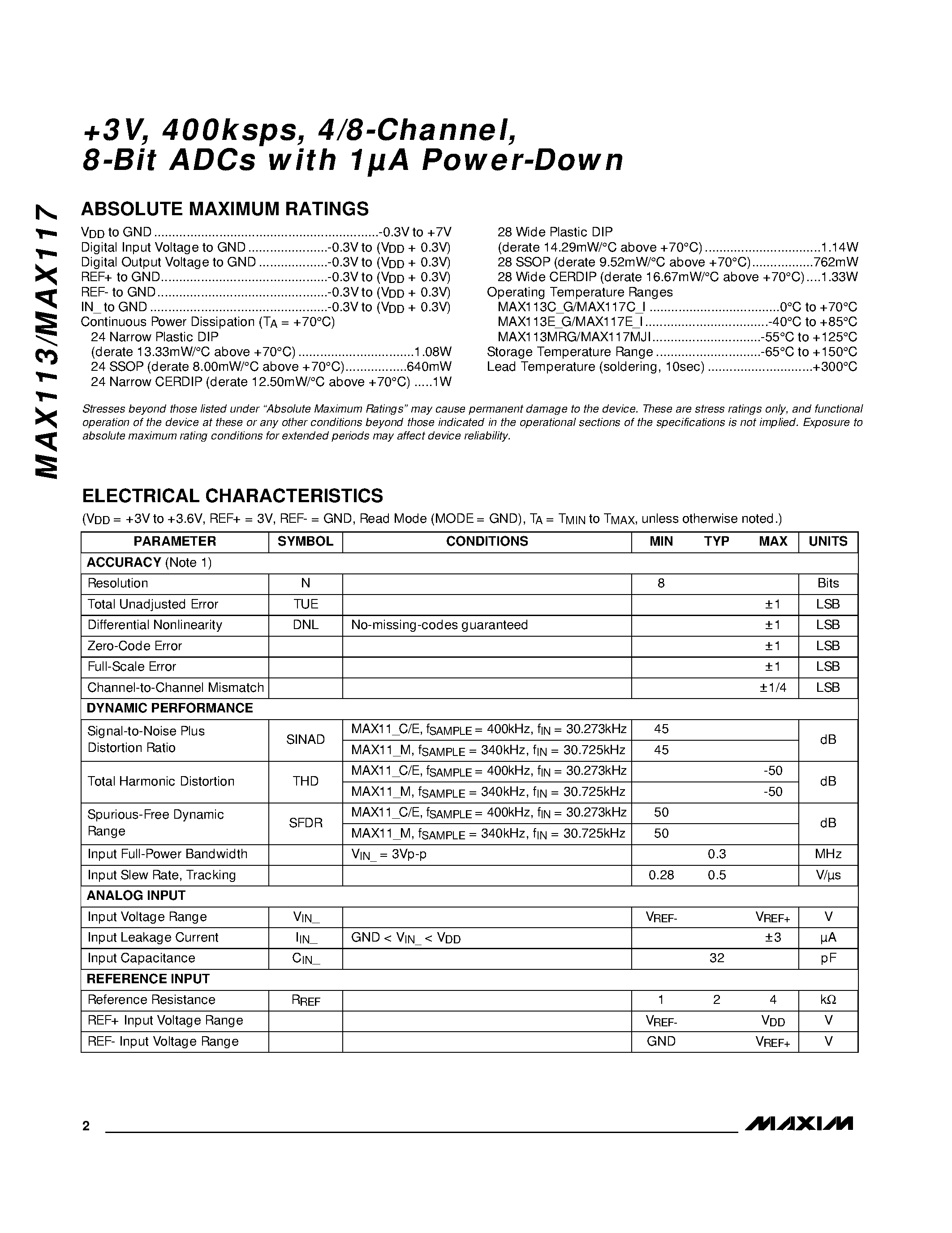 Datasheet MAX117CAI page 2 Datasheet MAX117CAI - +3V / 400ksps / 4/8-Channel / 8-Bit ADCs with 1UA Power-Down page 2