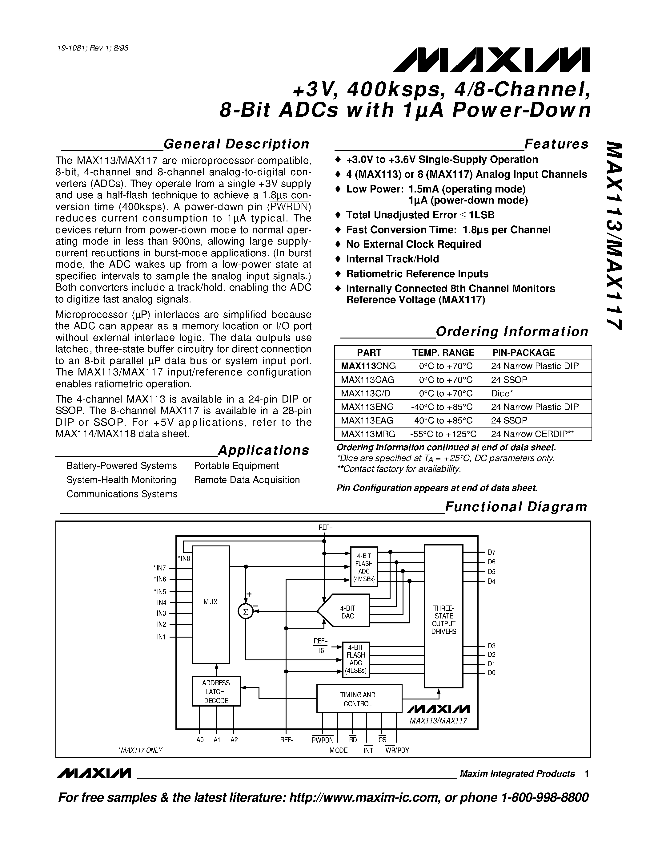Datasheet MAX117MJI - +3V / 400ksps / 4/8-Channel / 8-Bit ADCs with 1UA Power-Down page 1
