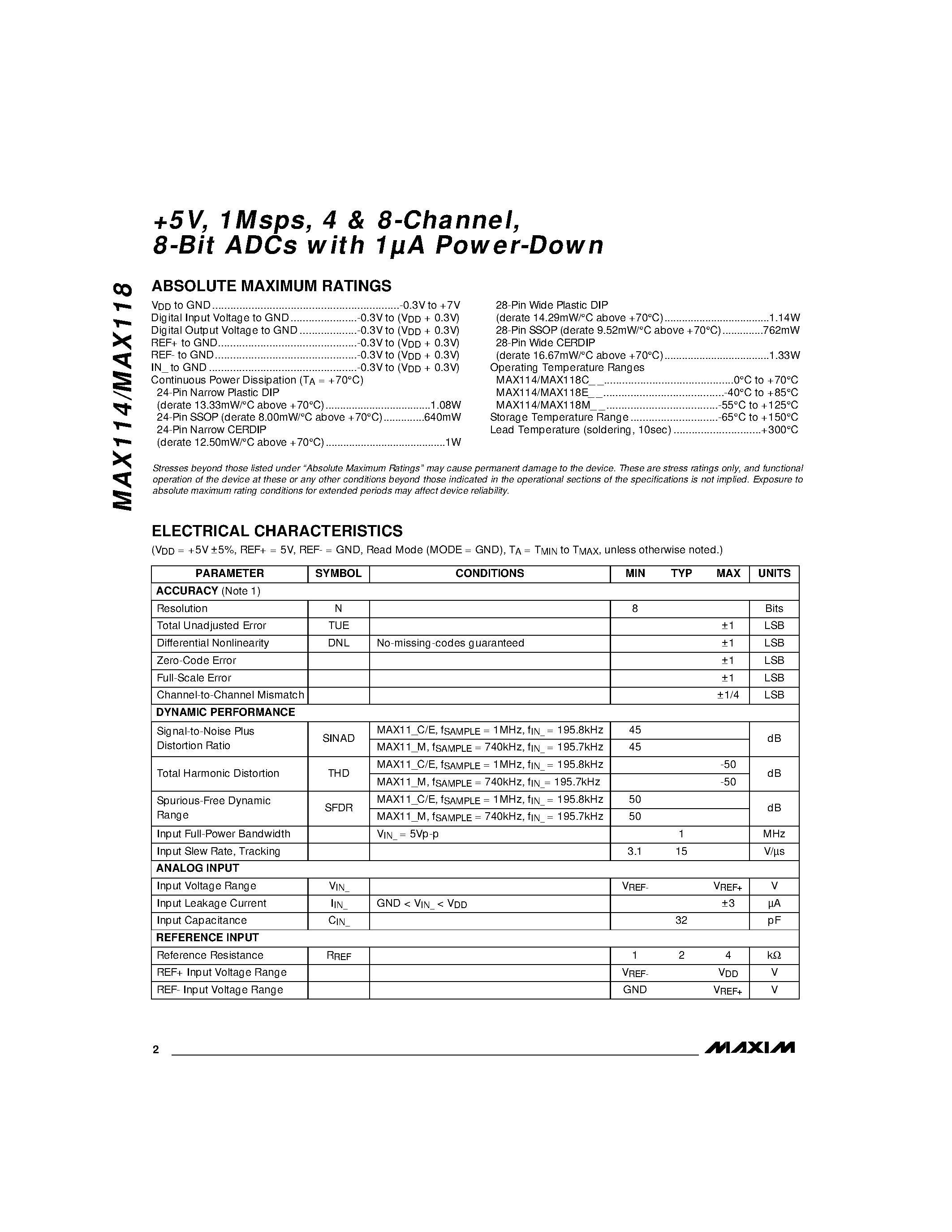 Datasheet MAX118 page 2 Datasheet MAX118 - +5V / 1Msps / 4 & 8-Channel / 8-Bit ADCs with 1A Power-Down page 2