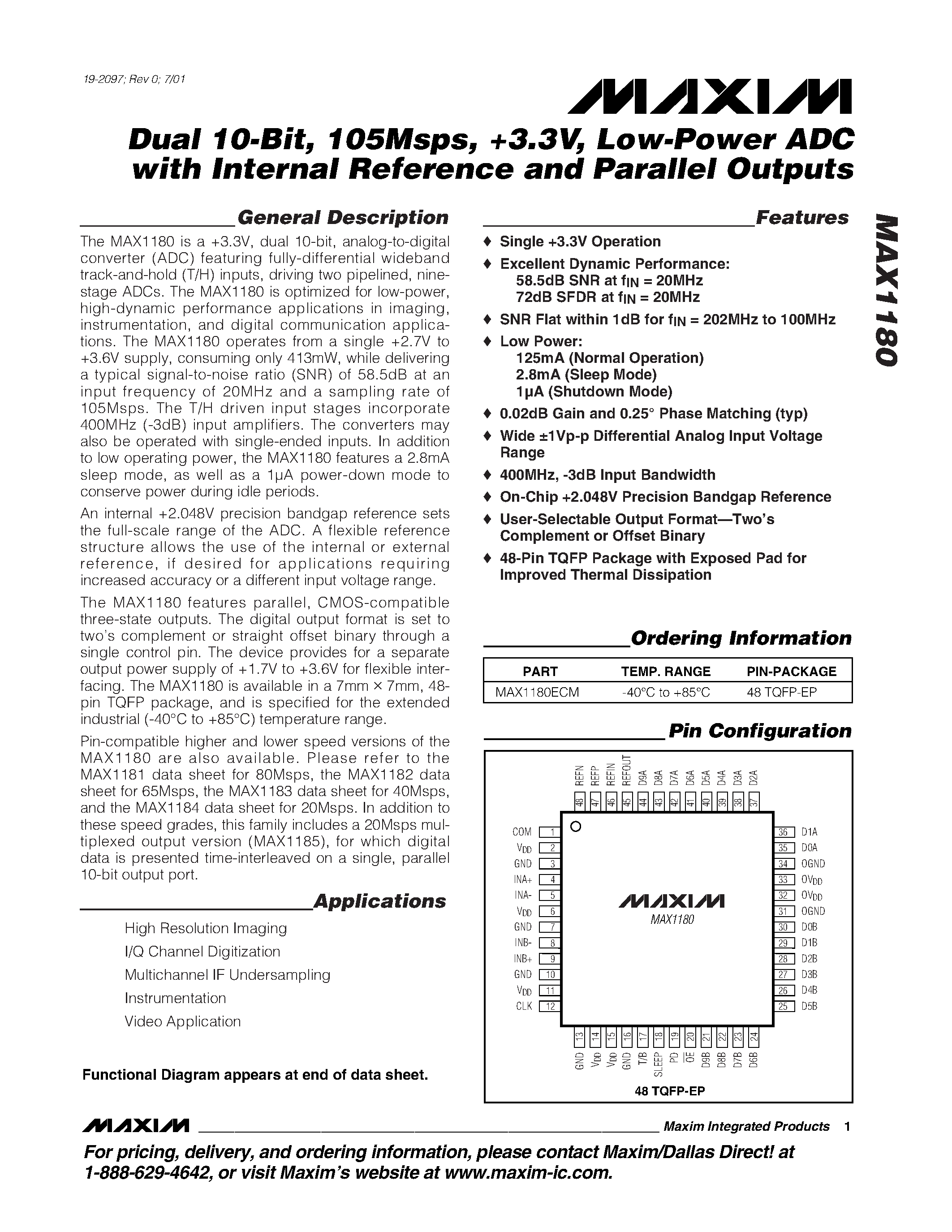 Datasheet MAX1180 - Dual 10-Bit / 105Msps / +3.3V / Low-Power ADC with Internal Reference and Parallel Outputs page 1