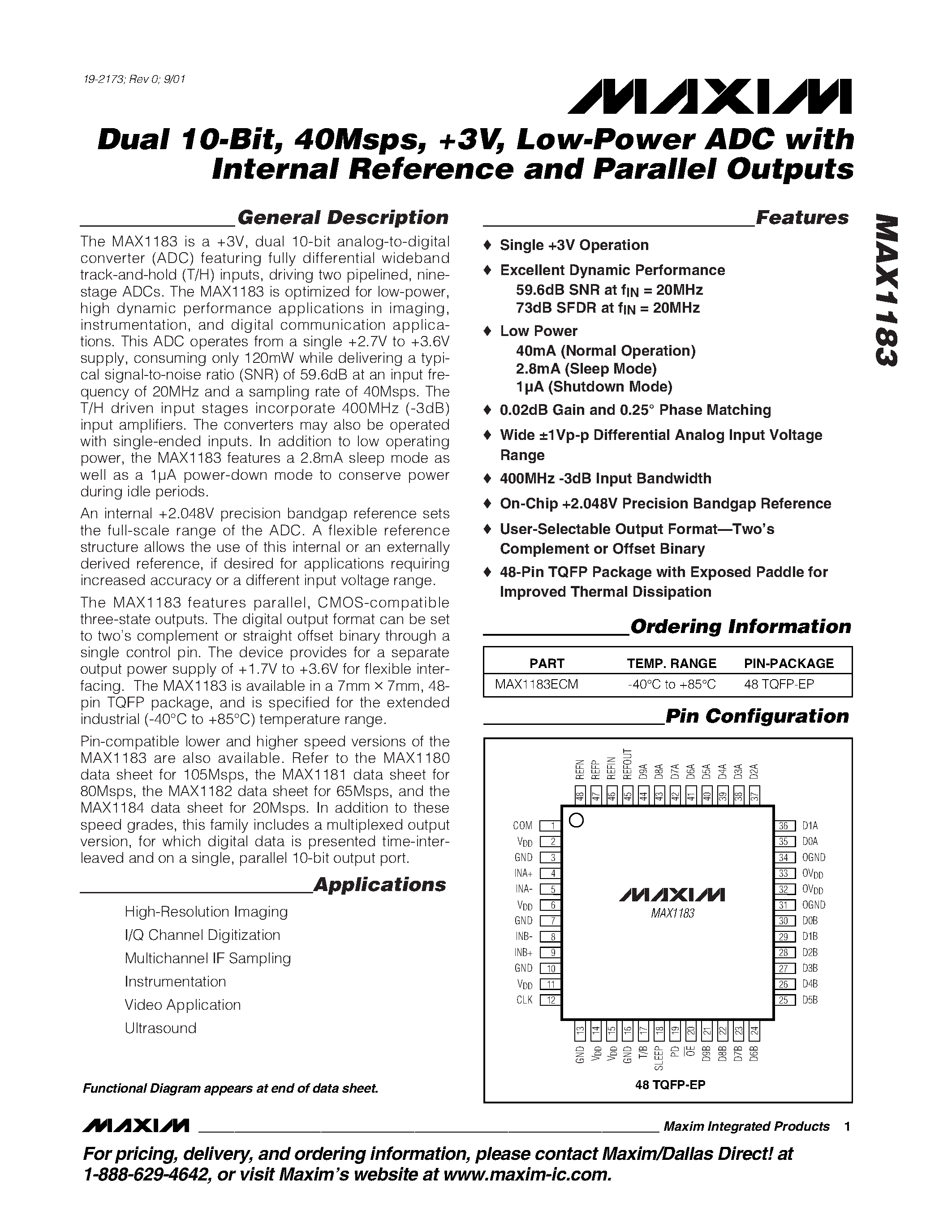 Datasheet MAX1183ECM - Dual 10-Bit / 40Msps / +3V / Low-Power ADC with Internal Reference and Parallel Outputs page 1