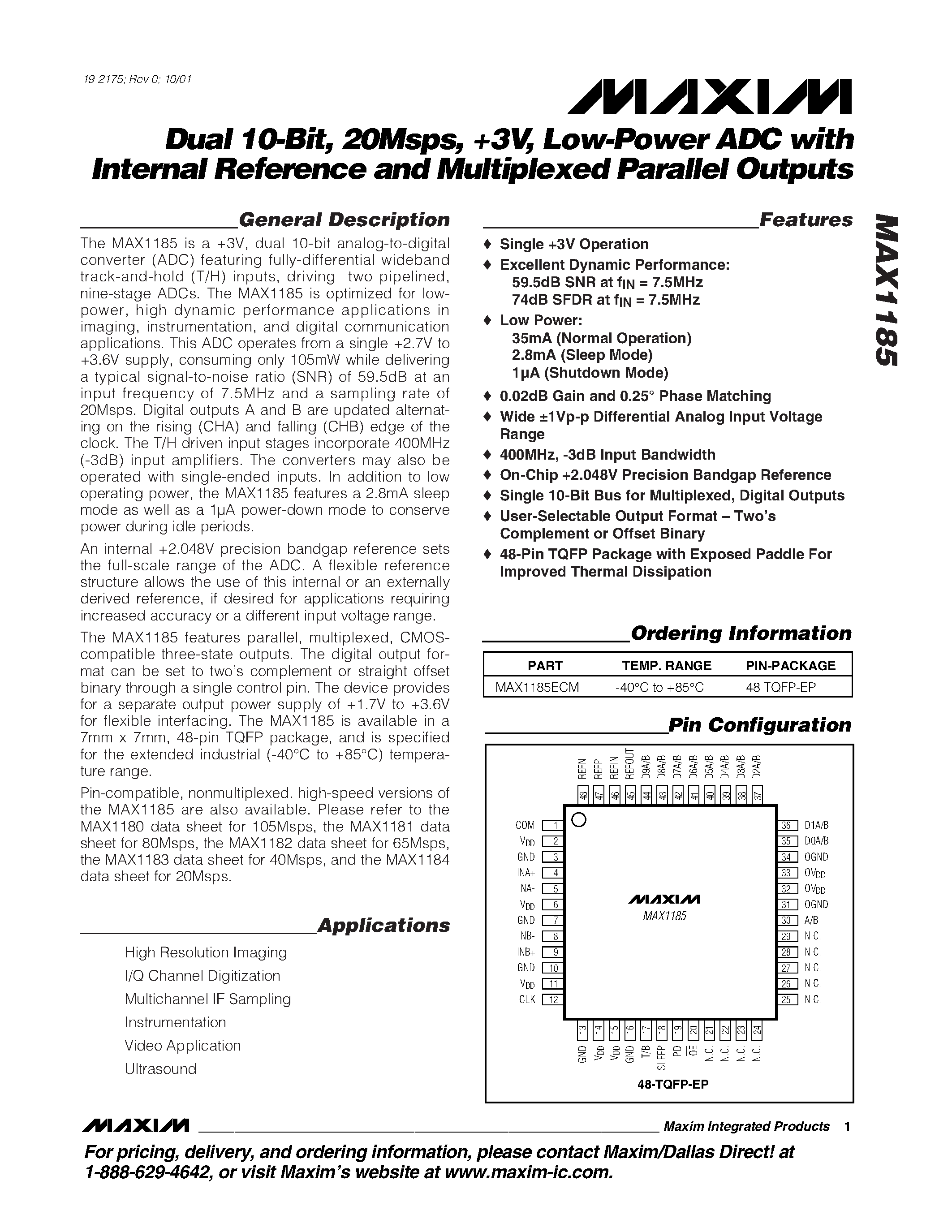 Datasheet MAX1185ECM - Dual 10-Bit / 20Msps / +3V / Low-Power ADC with Internal Reference and Multiplexed Parallel Outputs page 1