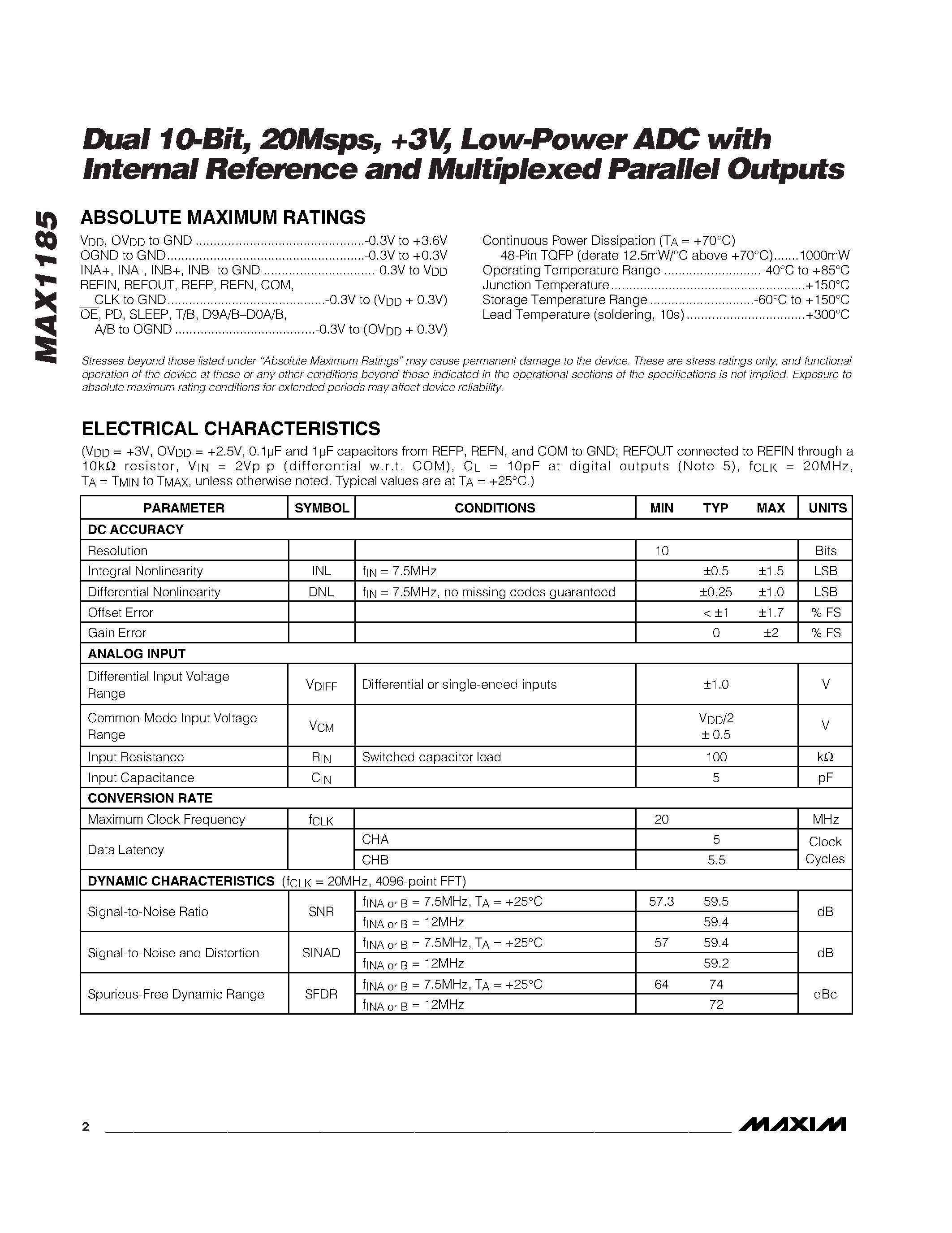 Datasheet MAX1185ECM - Dual 10-Bit / 20Msps / +3V / Low-Power ADC with Internal Reference and Multiplexed Parallel Outputs page 2