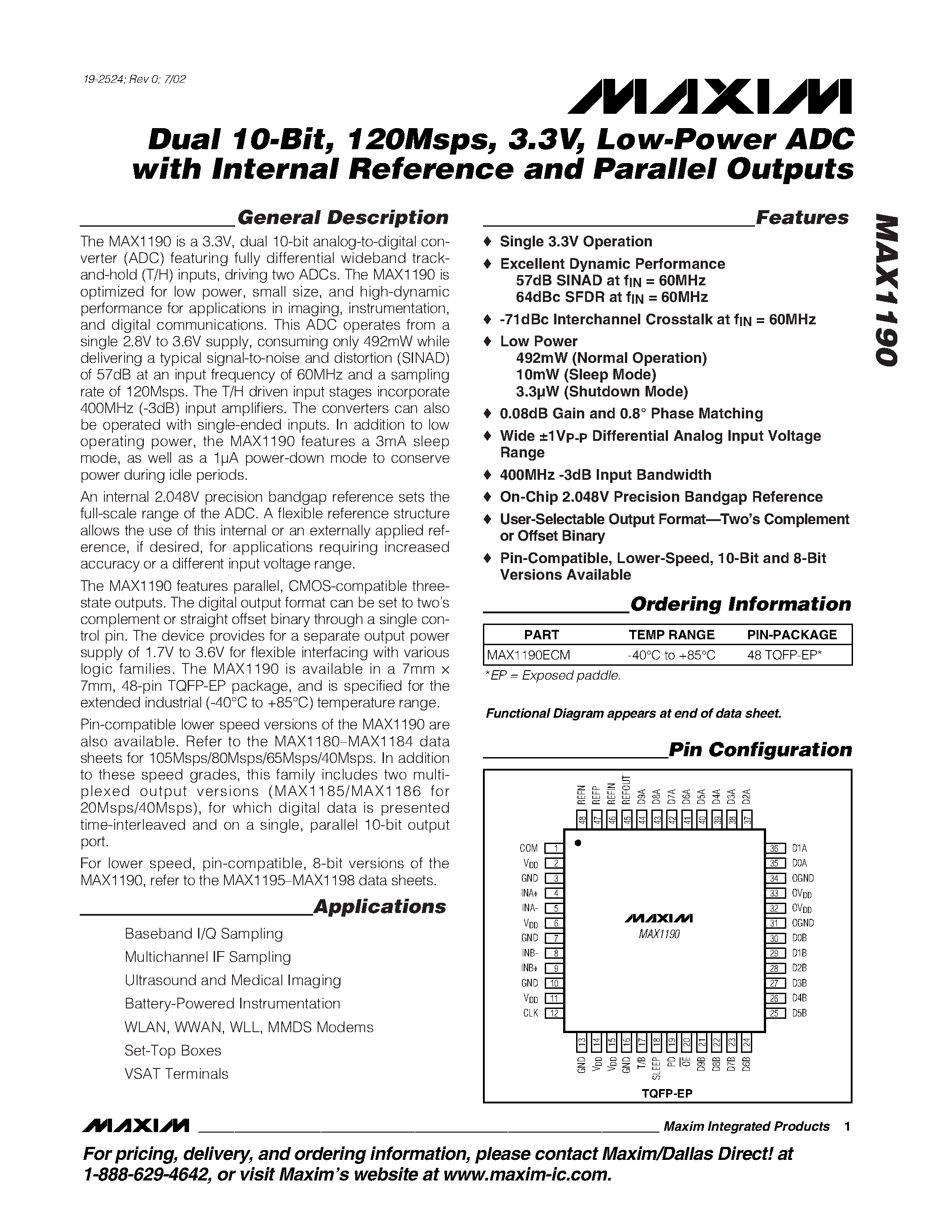 Datasheet MAX1190 - Dual 10-Bit / 120Msps / 3.3V / Low-Power ADC with Internal Reference and Parallel Outputs page 1