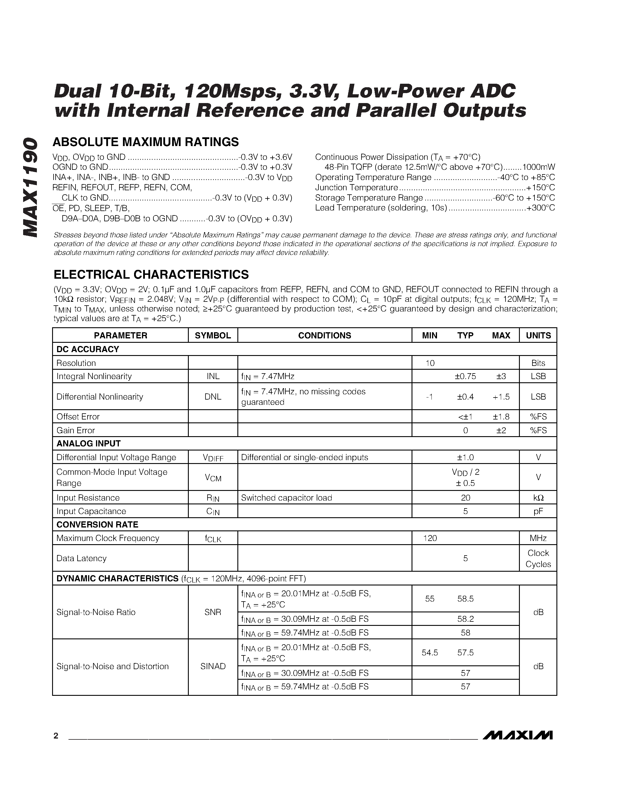Datasheet MAX1190ECM - Dual 10-Bit / 120Msps / 3.3V / Low-Power ADC with Internal Reference and Parallel Outputs page 2