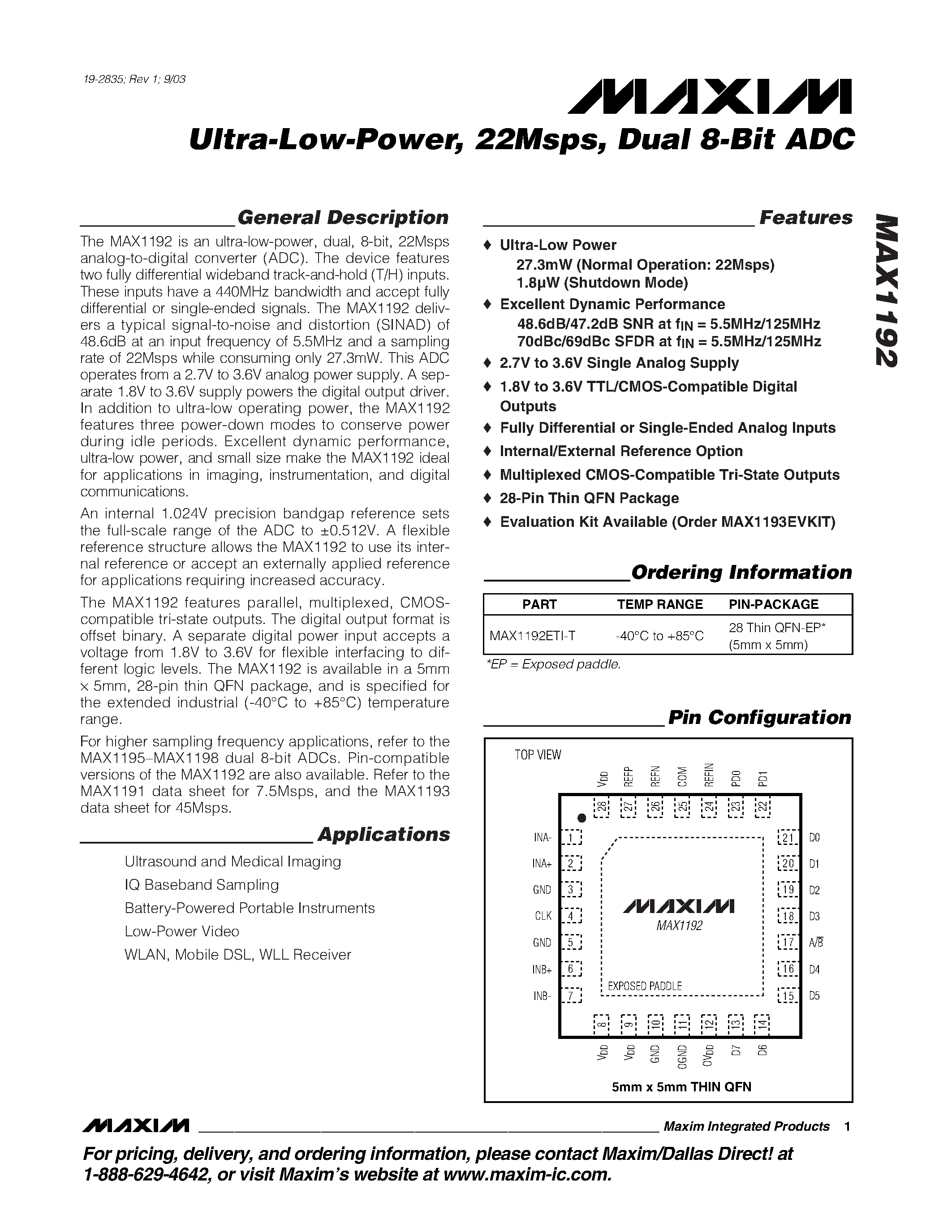 Даташит MAX1192ETI-T - Ultra-Low-Power / 22Msps / Dual 8-Bit ADC страница 1